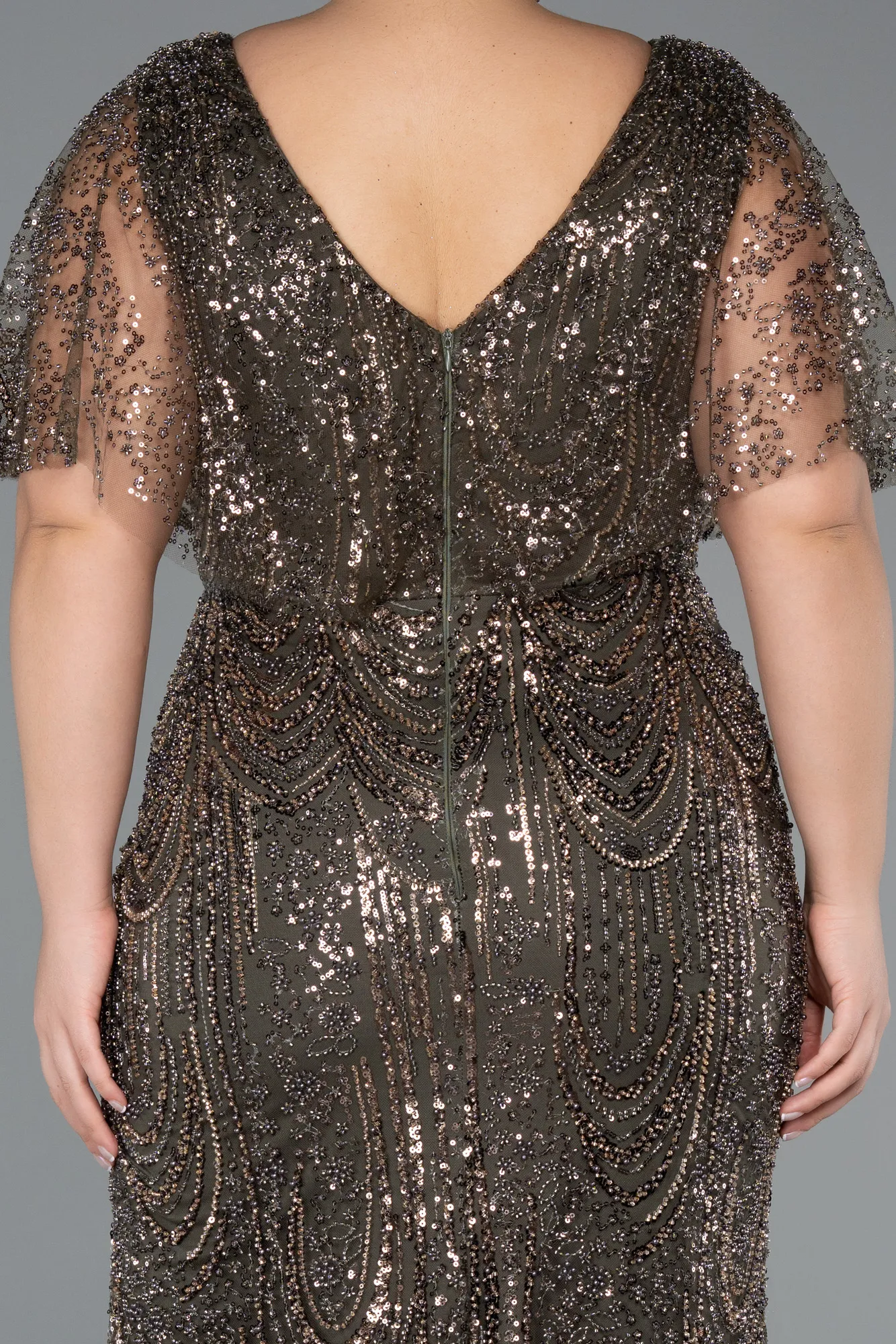 Olive Drab-Long Beaded Plus Size Evening Dress ABU5366