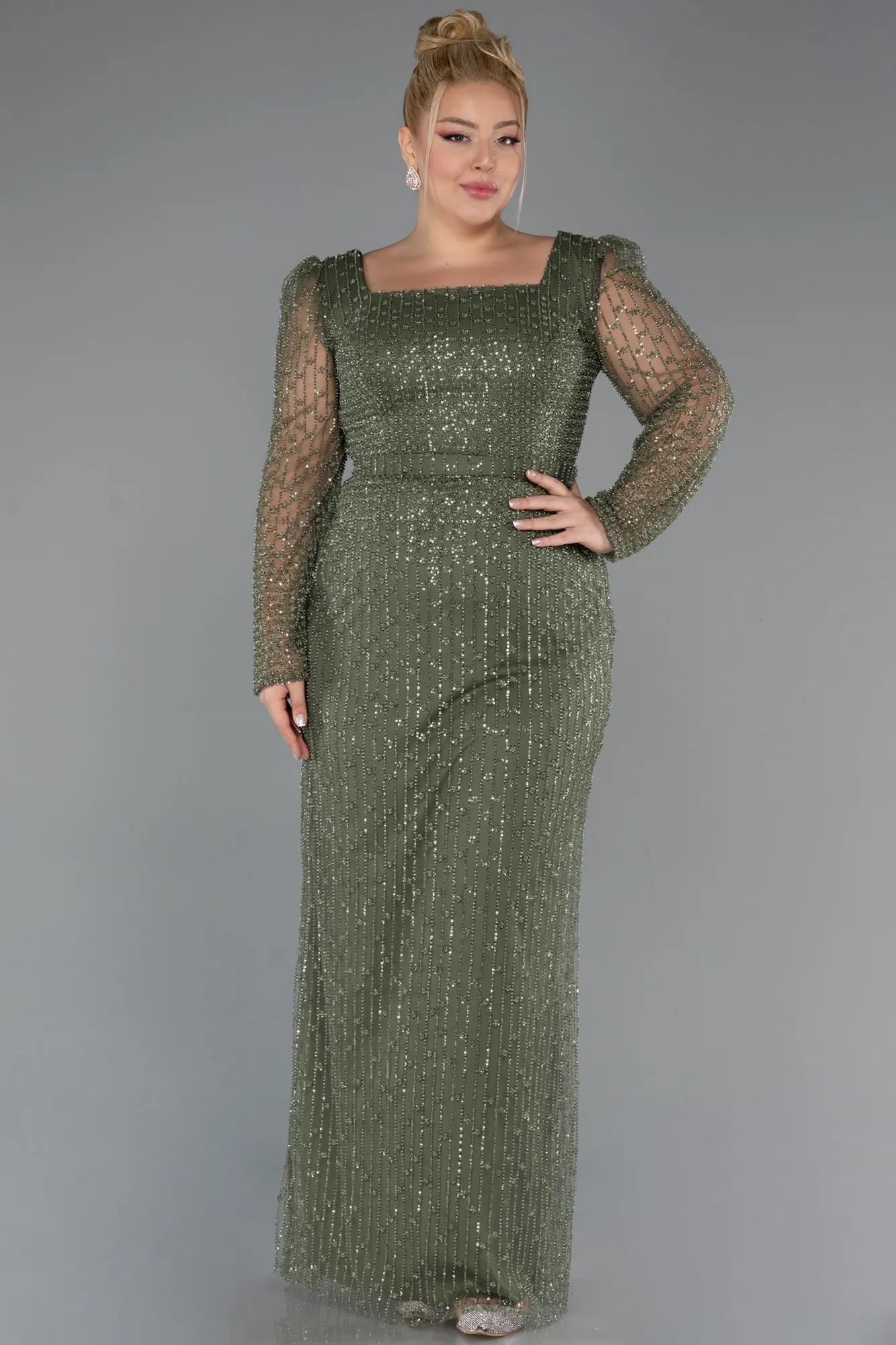 Olive Drab-Long Beaded Plus Size Evening Dress ABU5433