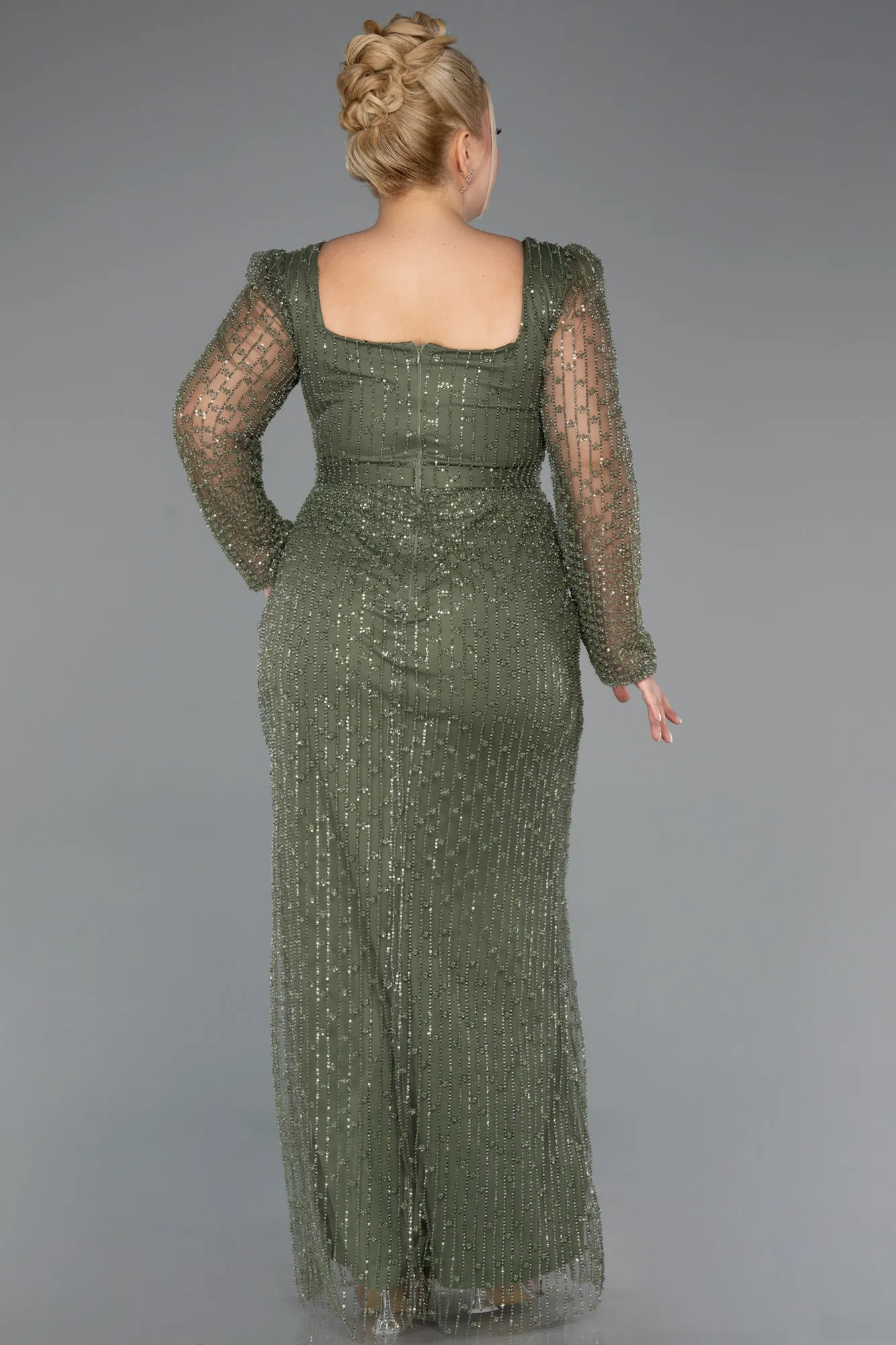 Olive Drab-Long Beaded Plus Size Evening Dress ABU5433
