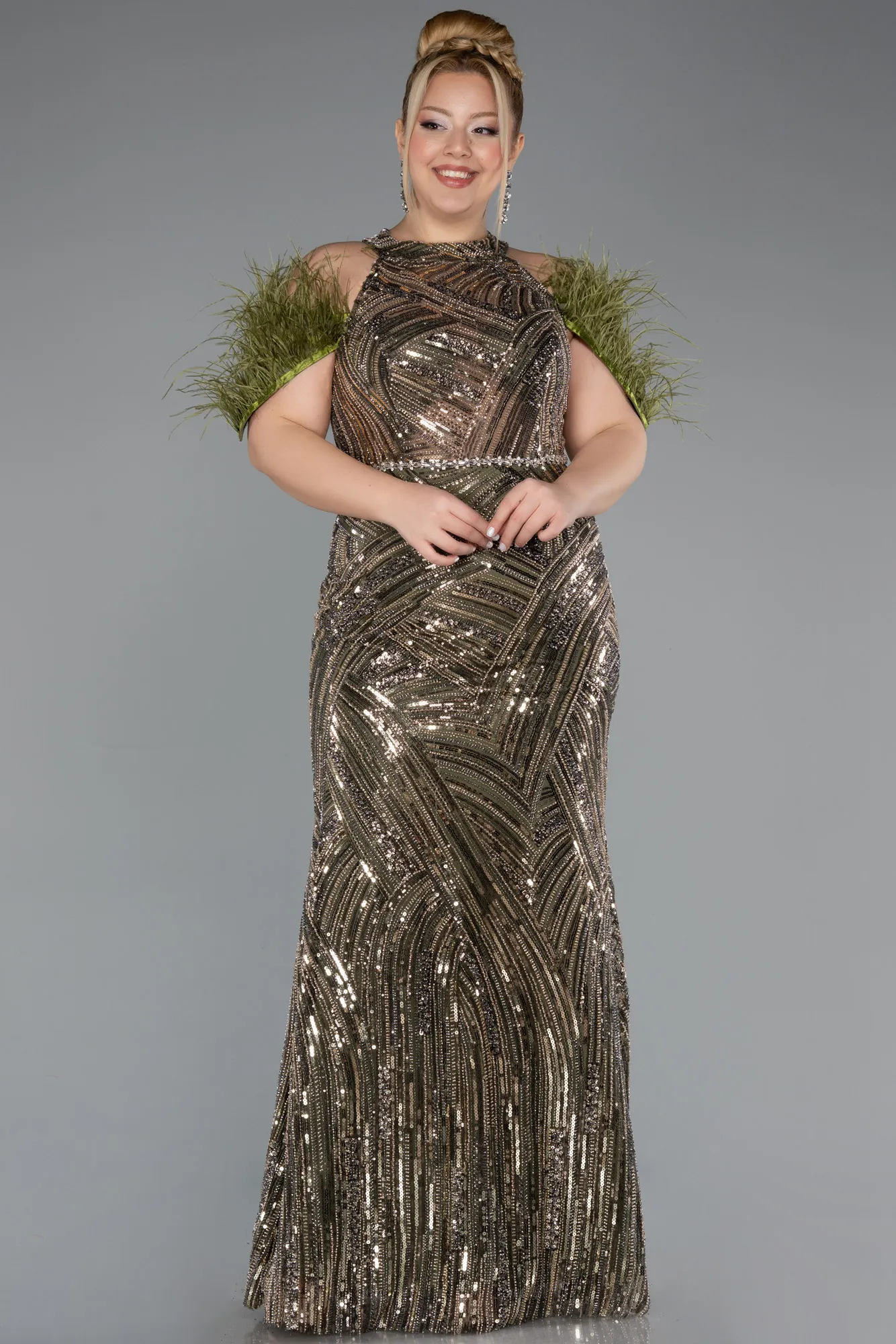 Olive Drab-Long Beaded Plus Size Evening Dress ABU5540