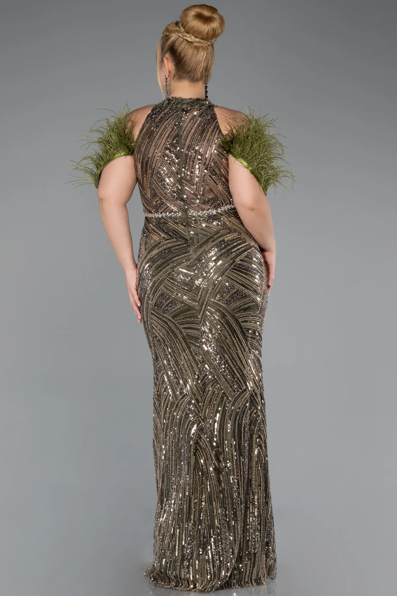 Olive Drab-Long Beaded Plus Size Evening Dress ABU5540