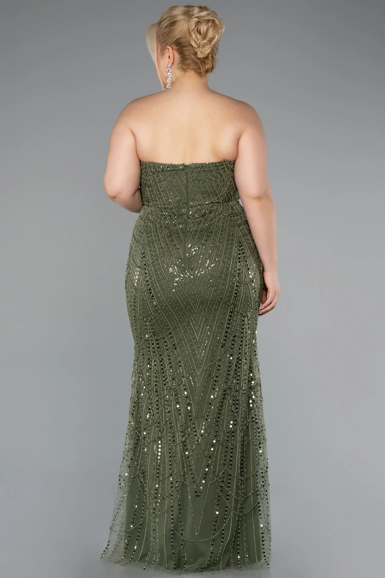Olive Drab-Long Beaded Plus Size Evening Gown ABU5010