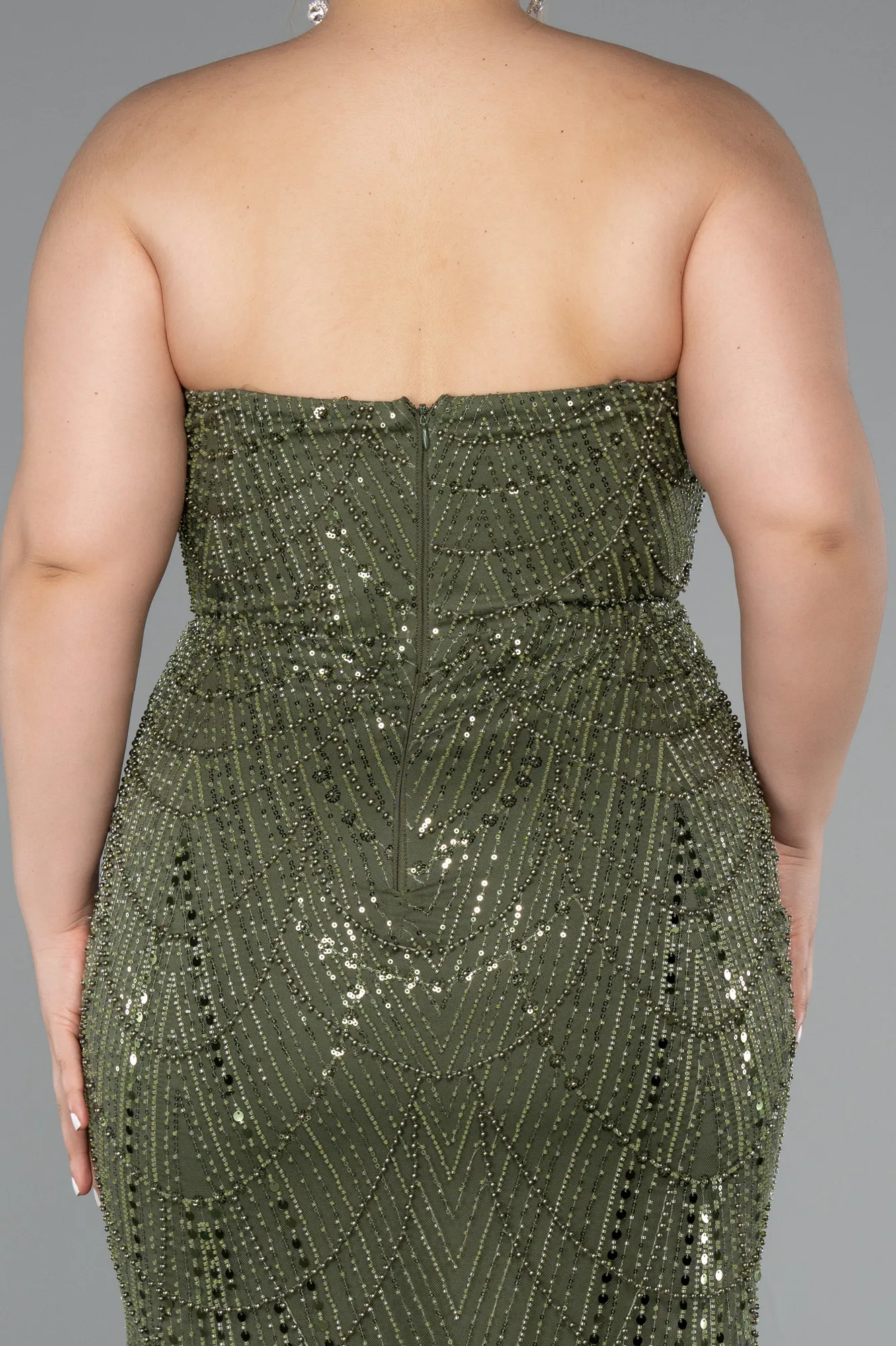 Olive Drab-Long Beaded Plus Size Evening Gown ABU5010