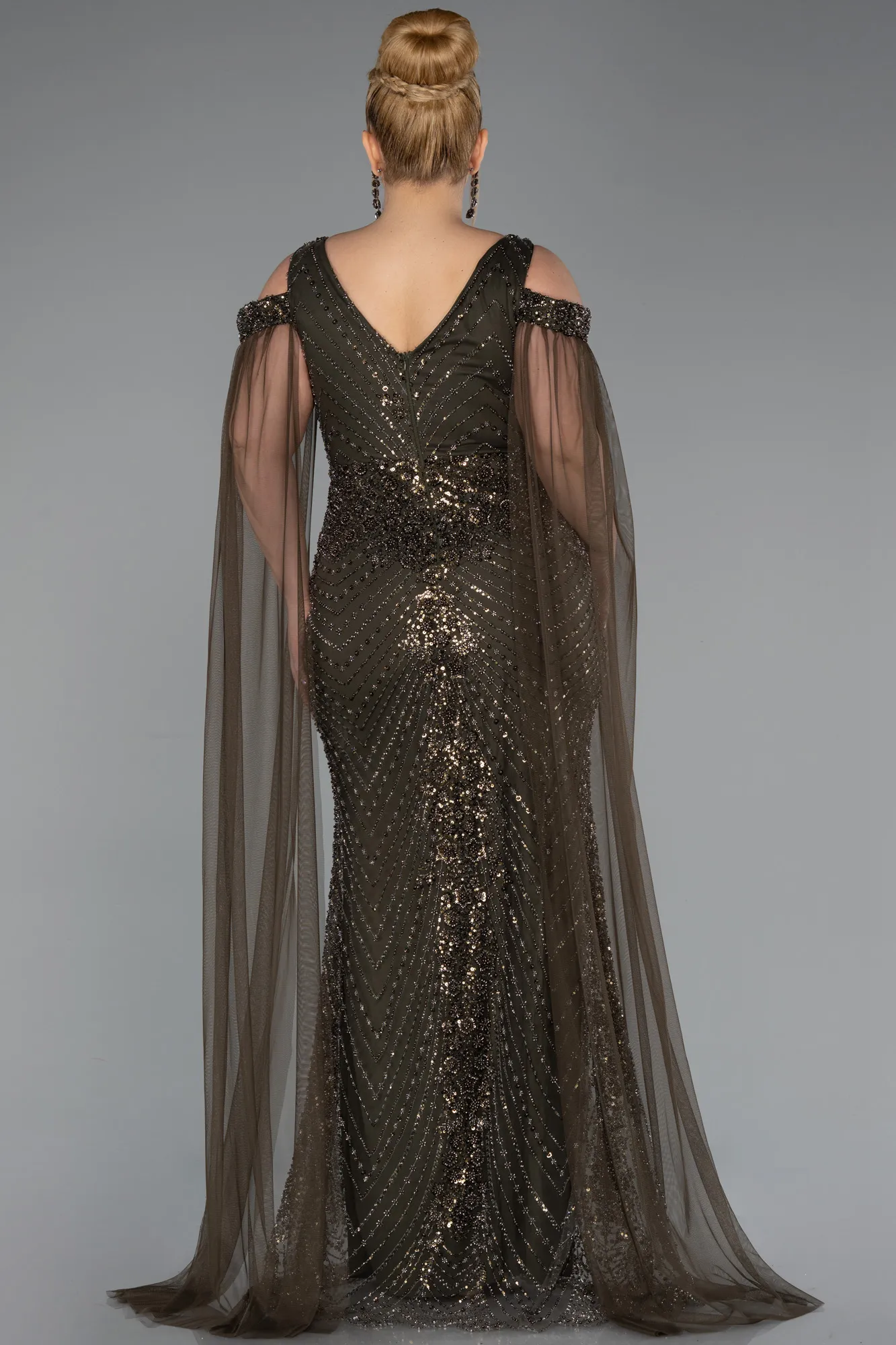 Olive Drab-Long Beaded Plus Size Evening Gown ABU5498