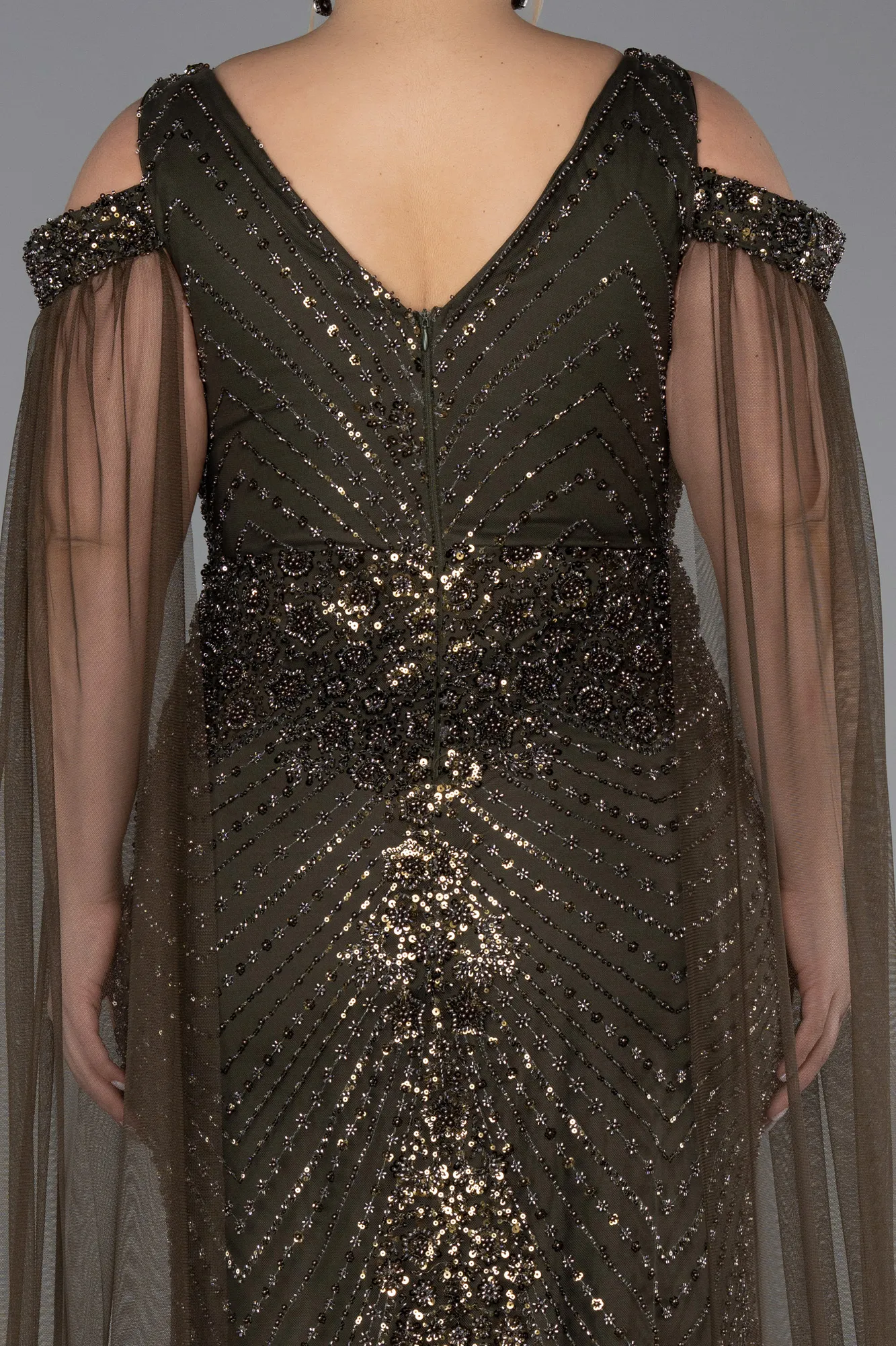 Olive Drab-Long Beaded Plus Size Evening Gown ABU5498