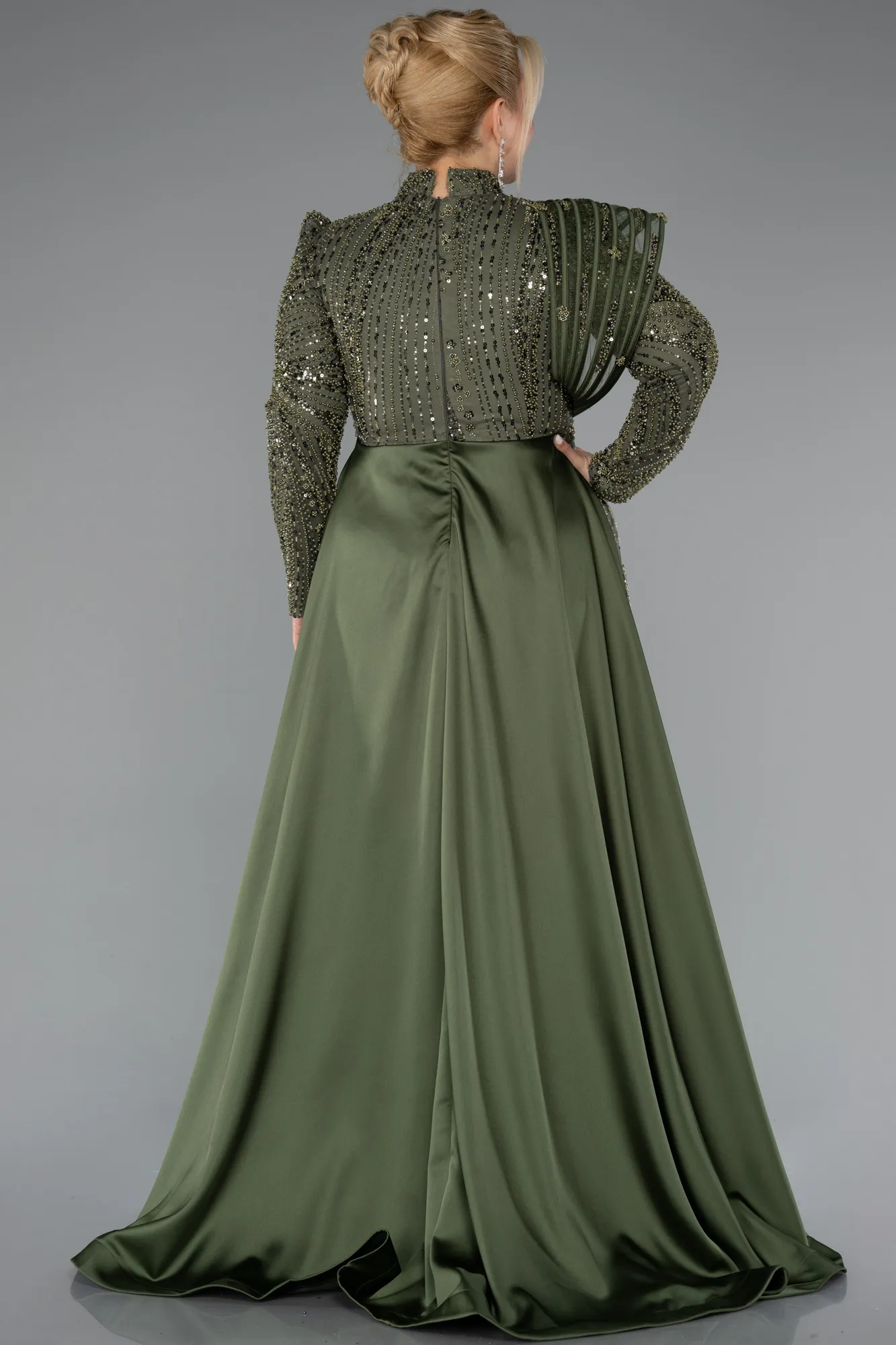 Olive Drab-Long Beaded Plus Size Hijab Dress ABU5083