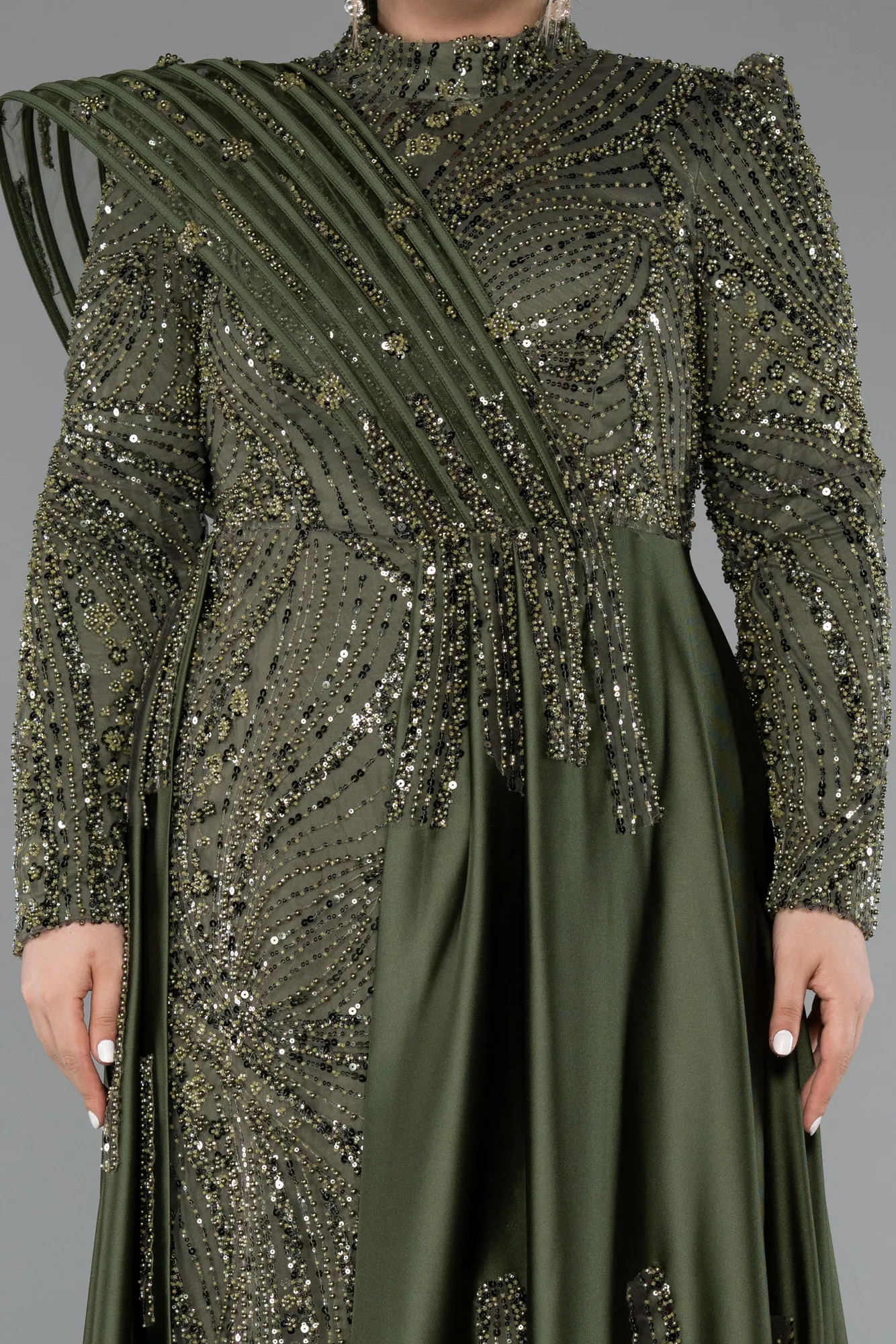 Olive Drab-Long Beaded Plus Size Hijab Dress ABU5083