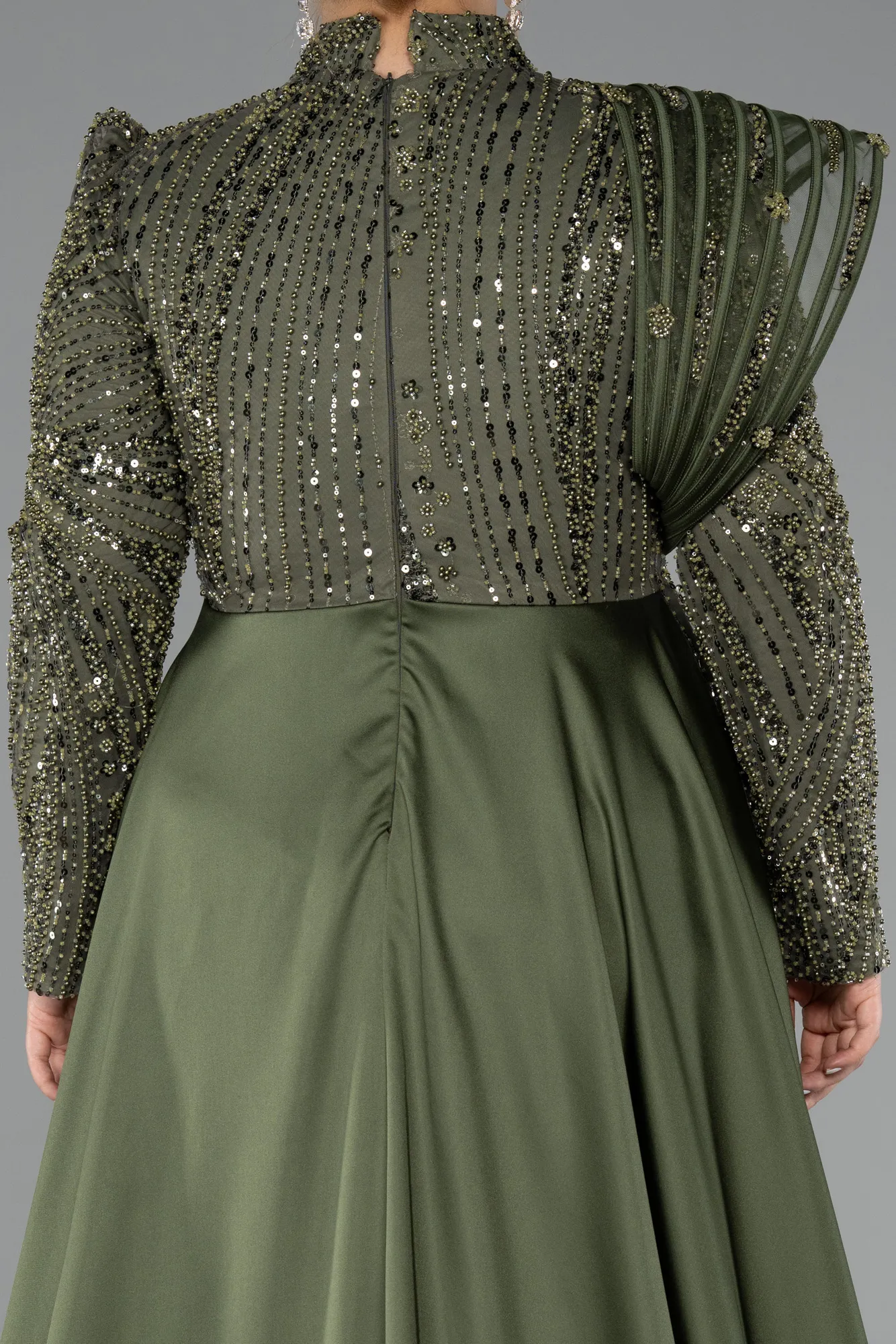 Olive Drab-Long Beaded Plus Size Hijab Dress ABU5083