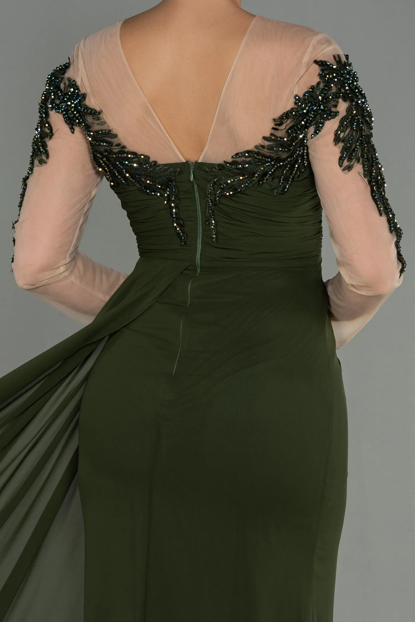 Olive Drab-Long Chiffon Evening Dress ABU3012