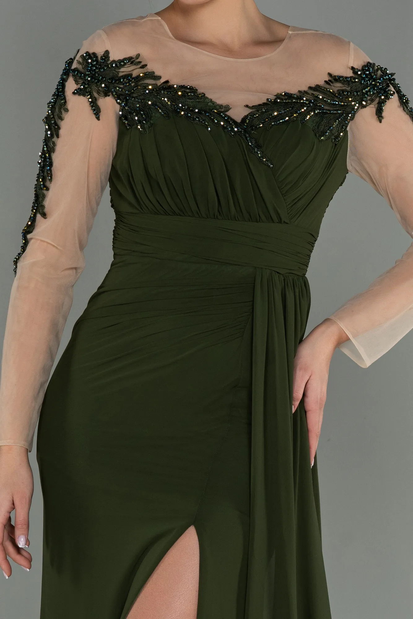Olive Drab-Long Chiffon Evening Dress ABU3012