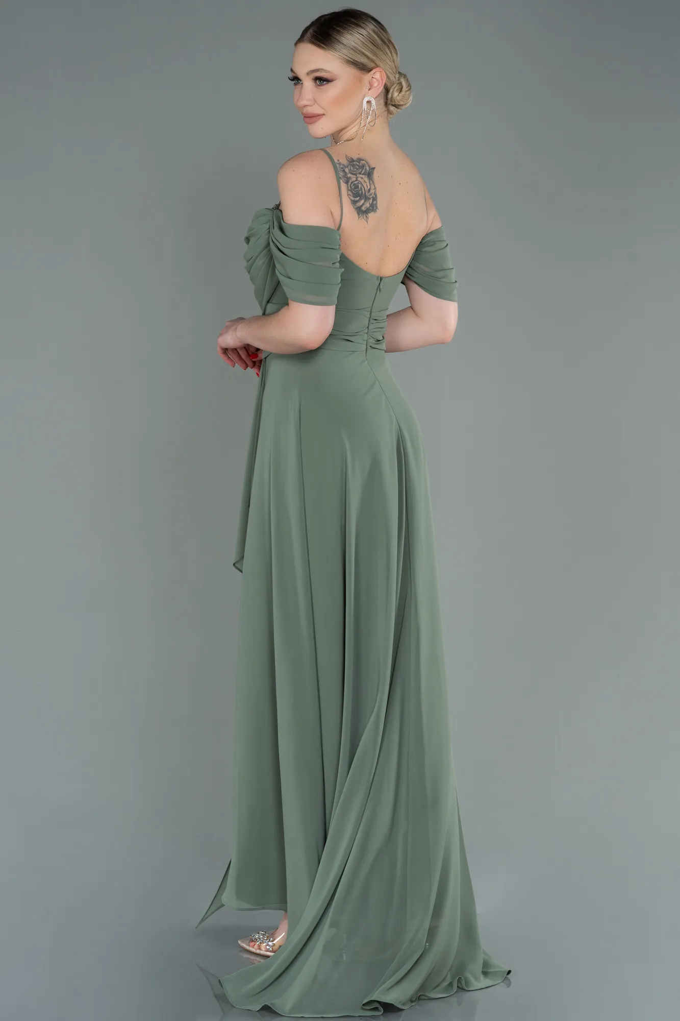 Olive Drab-Long Chiffon Evening Dress ABU3093