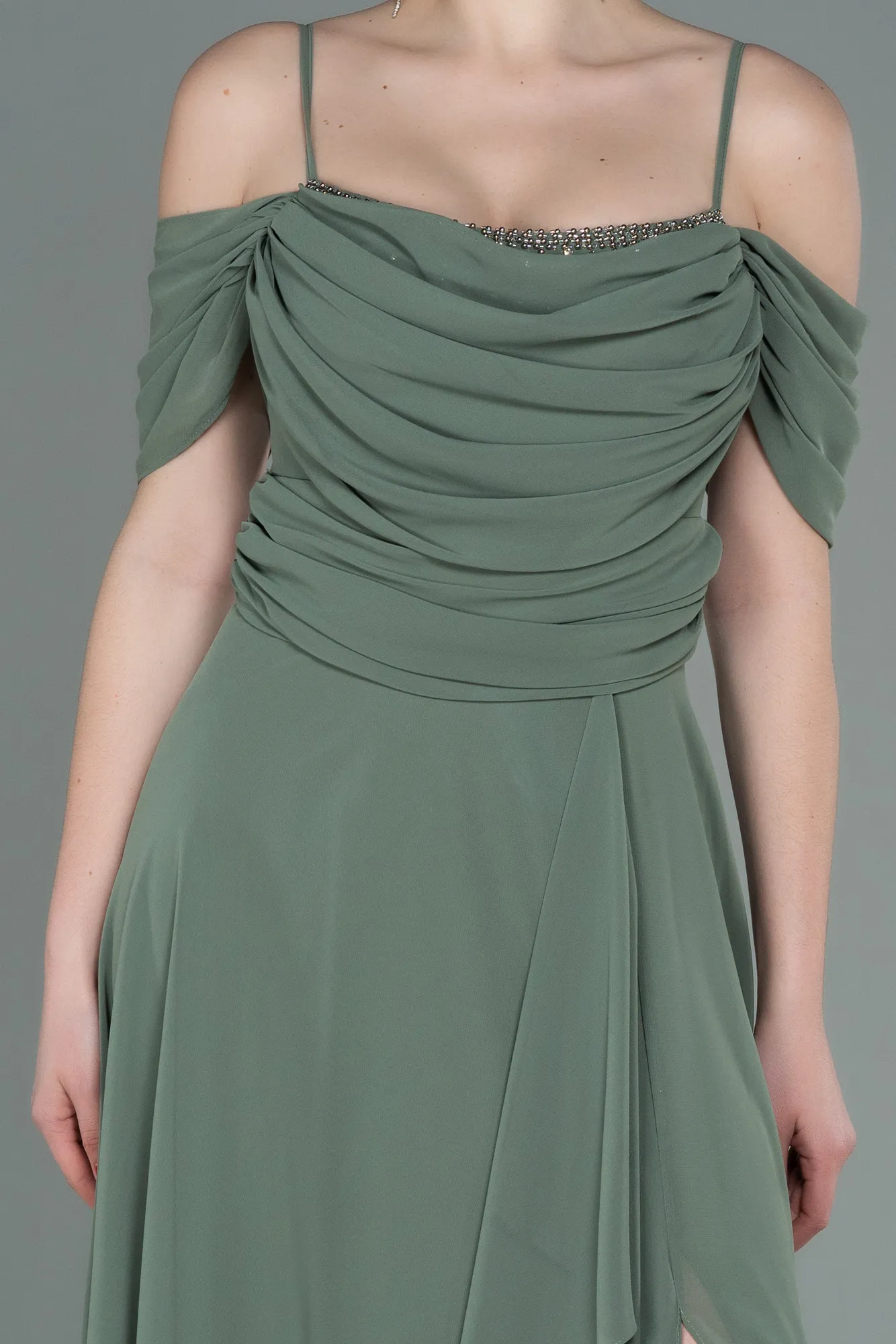 Olive Drab-Long Chiffon Evening Dress ABU3093
