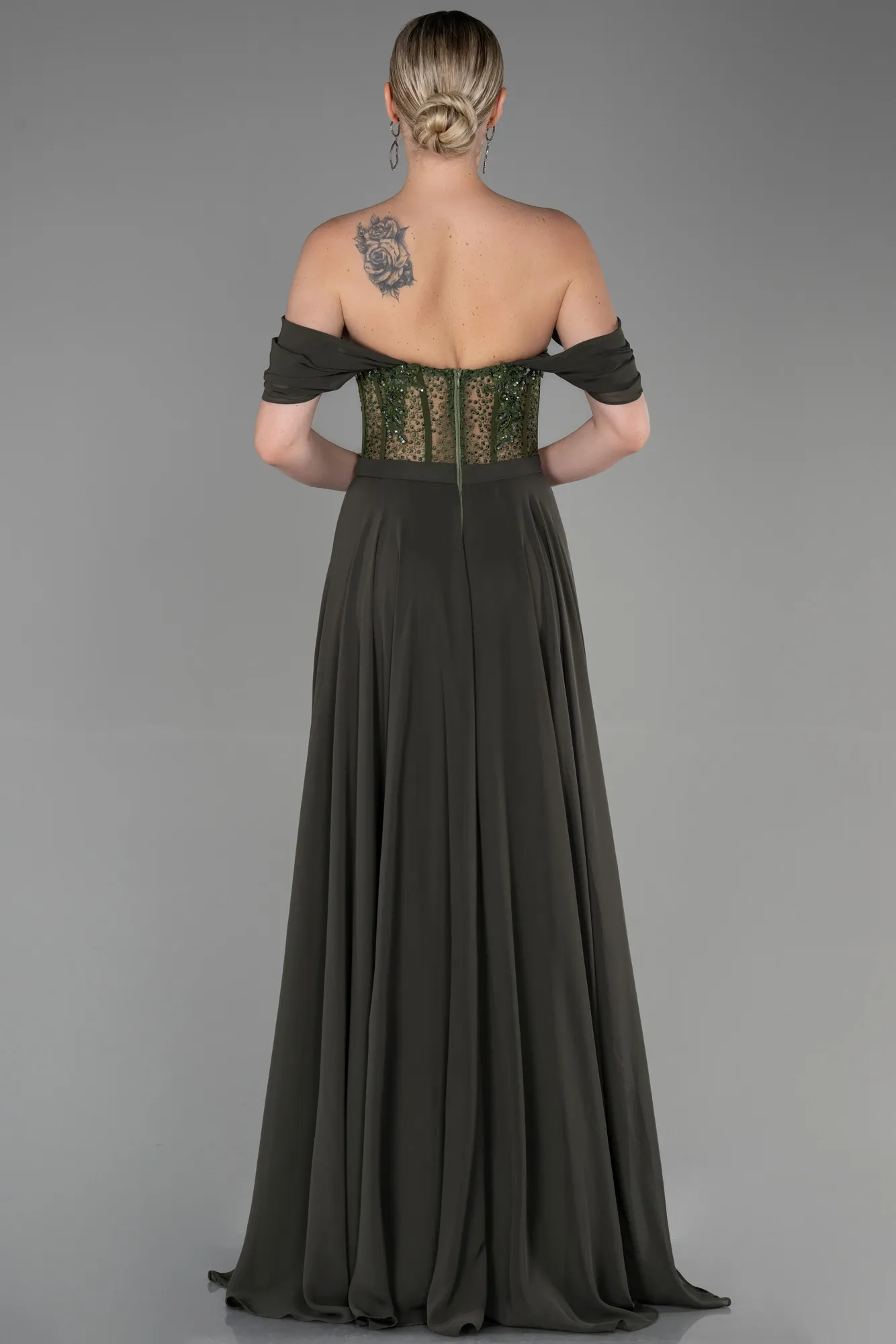 Olive Drab-Long Chiffon Evening Dress ABU3310