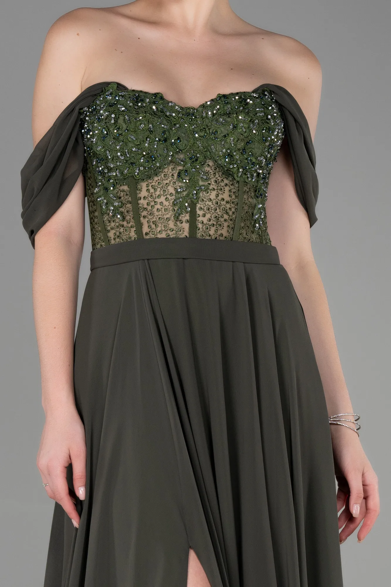 Olive Drab-Long Chiffon Evening Dress ABU3310