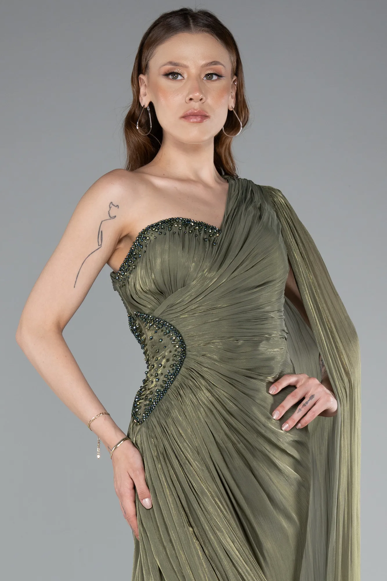 Olive Drab-Long Chiffon Evening Dress ABU4978