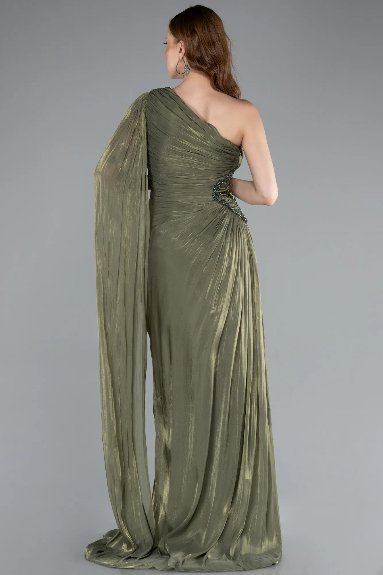 Olive Drab-Long Chiffon Evening Dress ABU4978