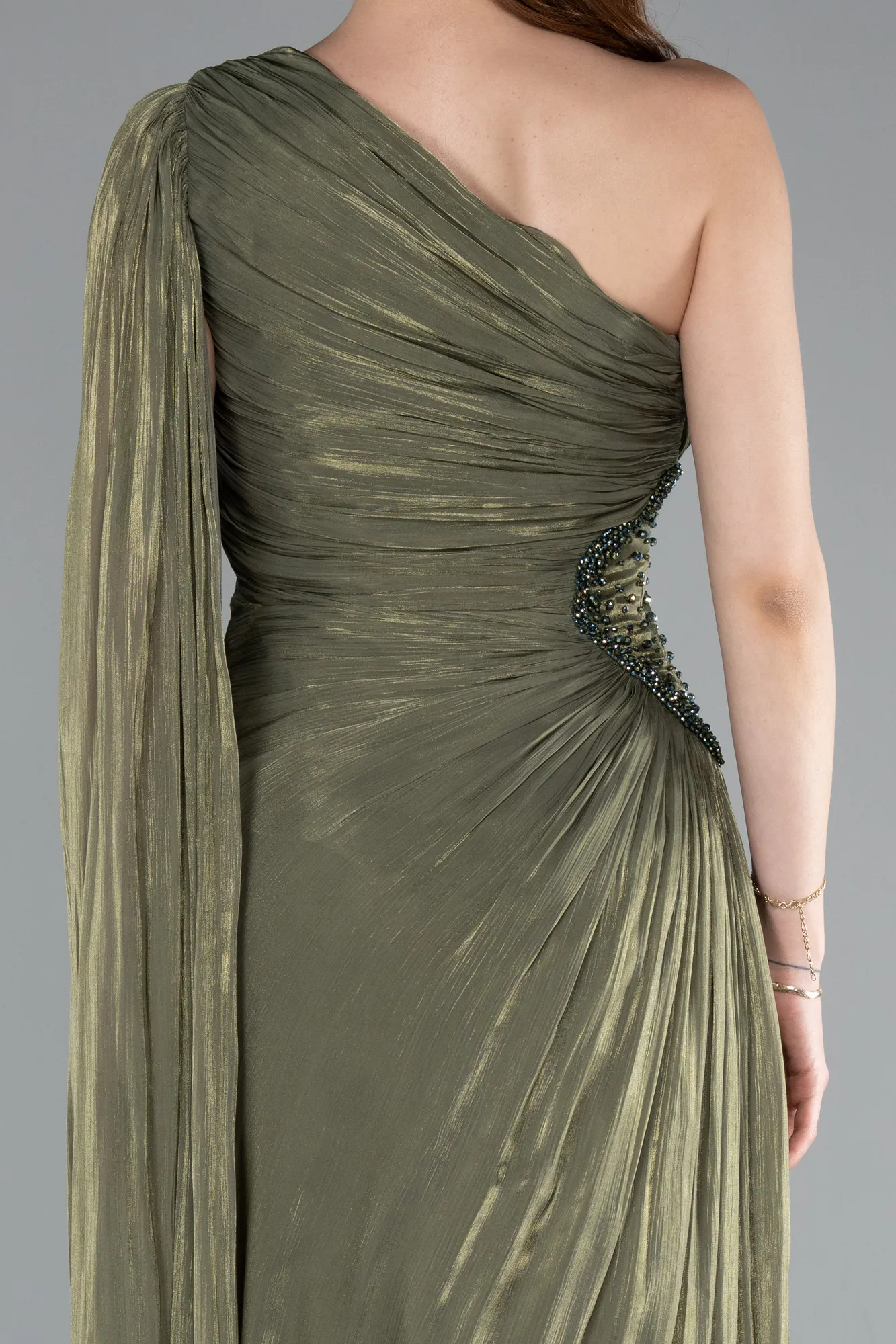 Olive Drab-Long Chiffon Evening Dress ABU4978