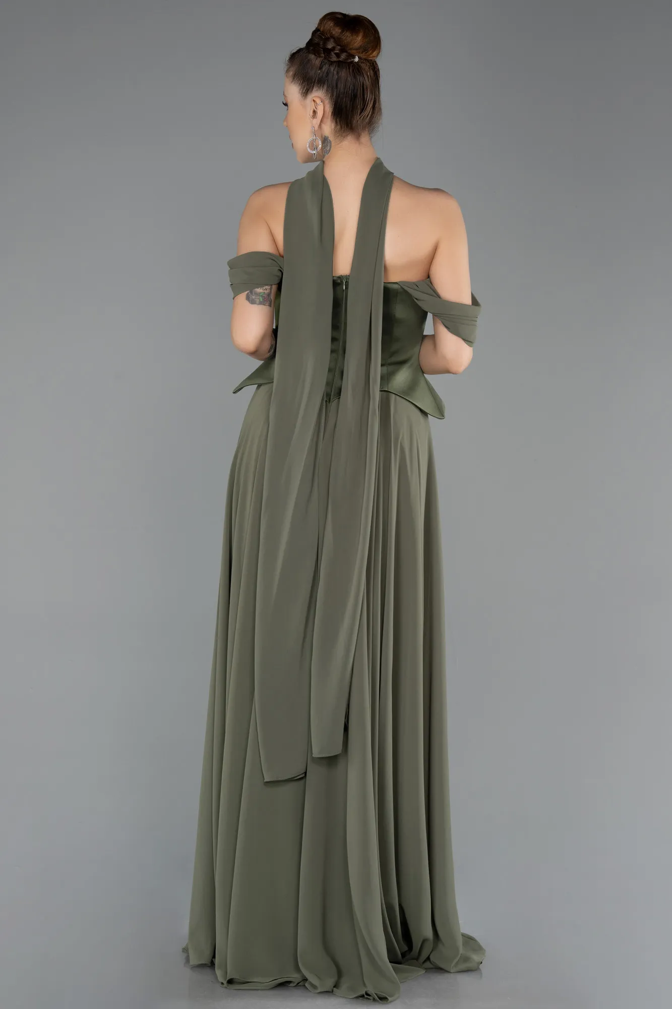 Olive Drab-Long Chiffon Evening Dress ABU5327
