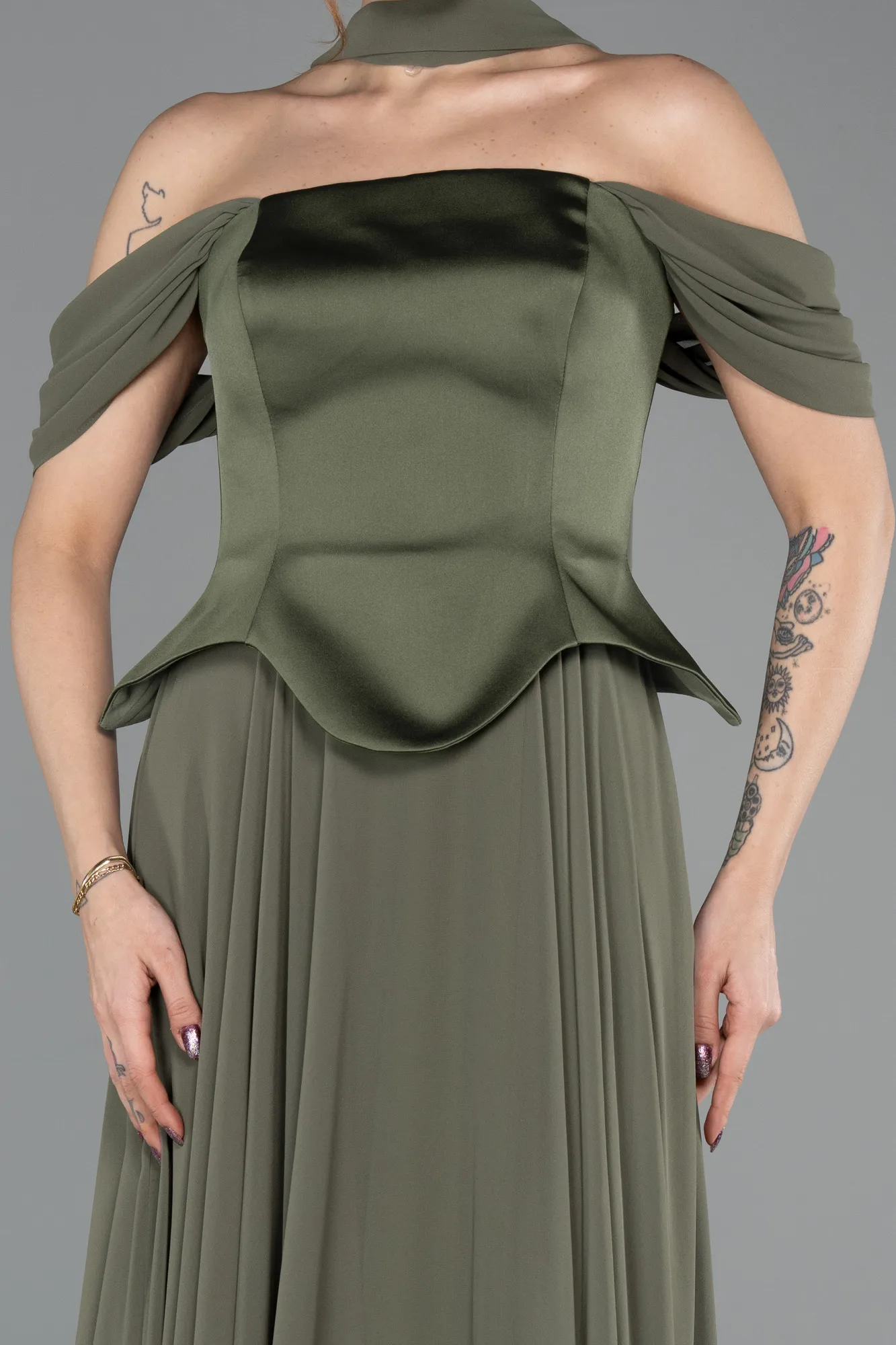 Olive Drab-Long Chiffon Evening Dress ABU5327