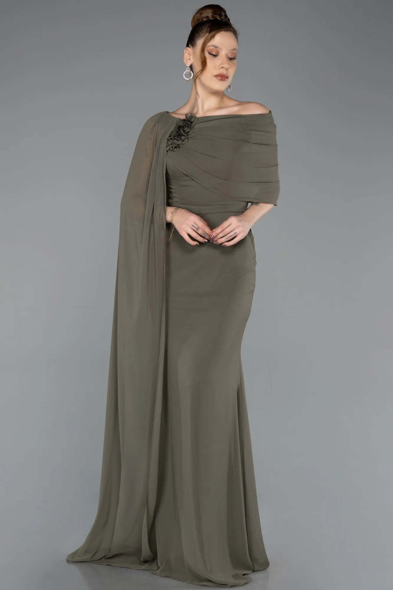 Olive Drab-Long Chiffon Evening Dress ABU5418
