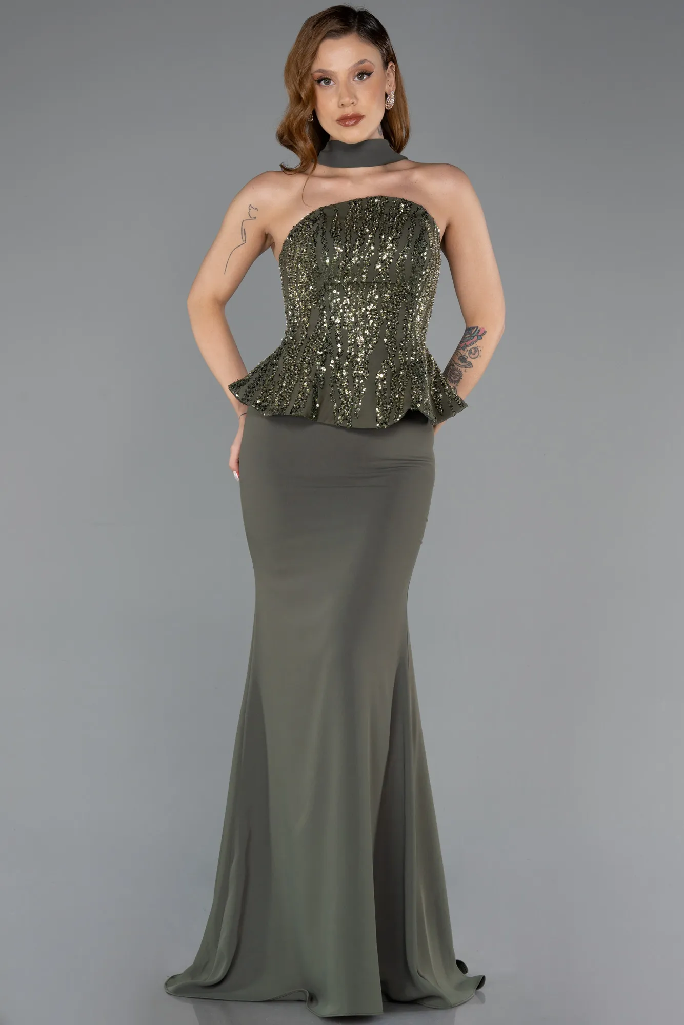 Olive Drab-Long Chiffon Evening Dress ABU5457