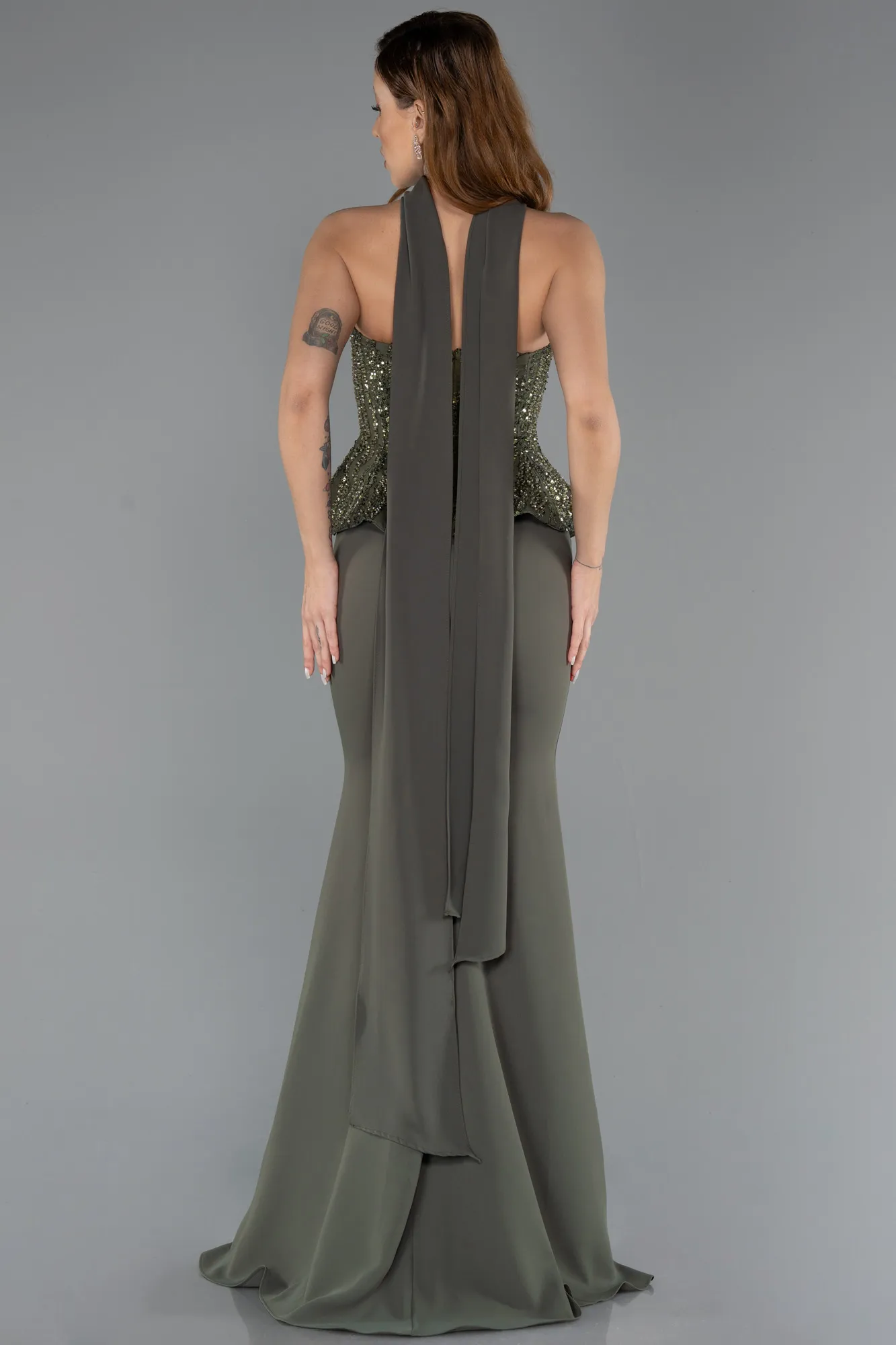 Olive Drab-Long Chiffon Evening Dress ABU5457