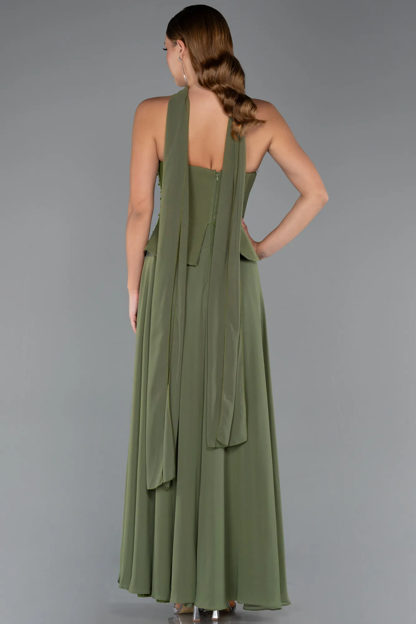 Olive Drab-Long Chiffon Evening Dress ABU5484
