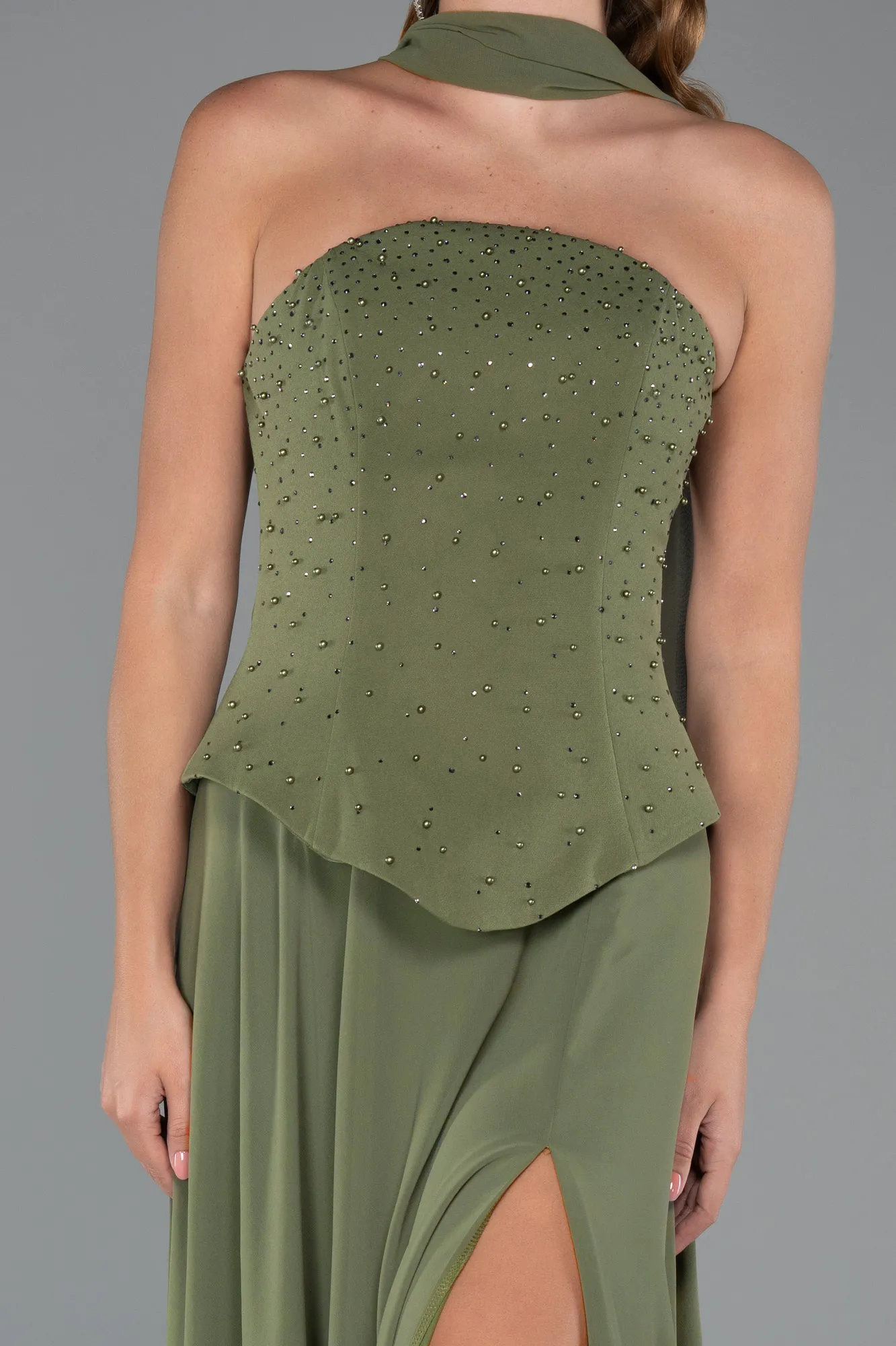 Olive Drab-Long Chiffon Evening Dress ABU5484