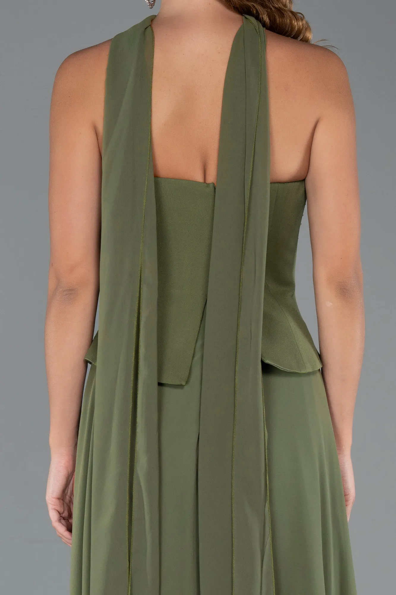 Olive Drab-Long Chiffon Evening Dress ABU5484