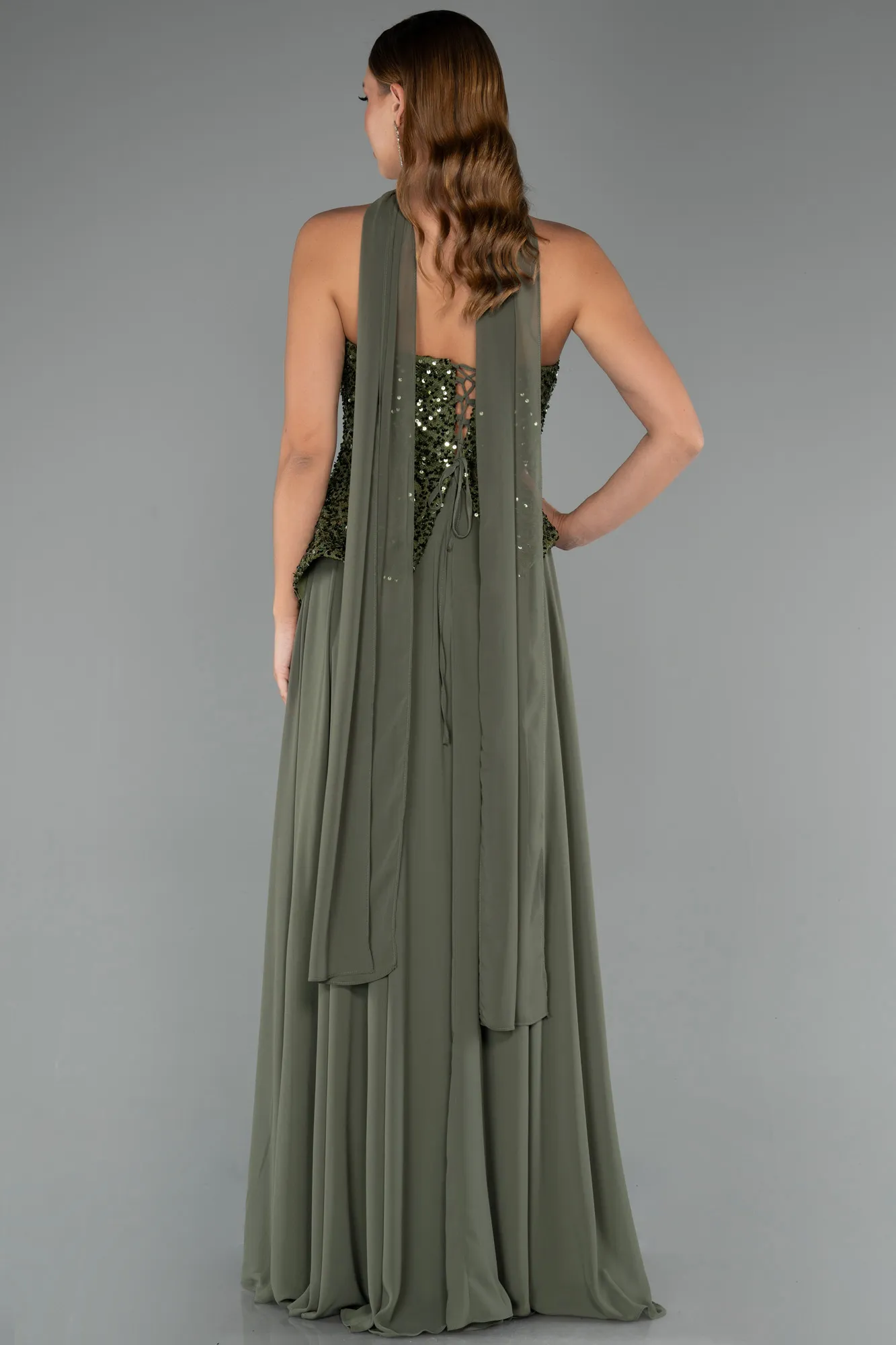 Olive Drab-Long Chiffon Evening Dress ABU5486