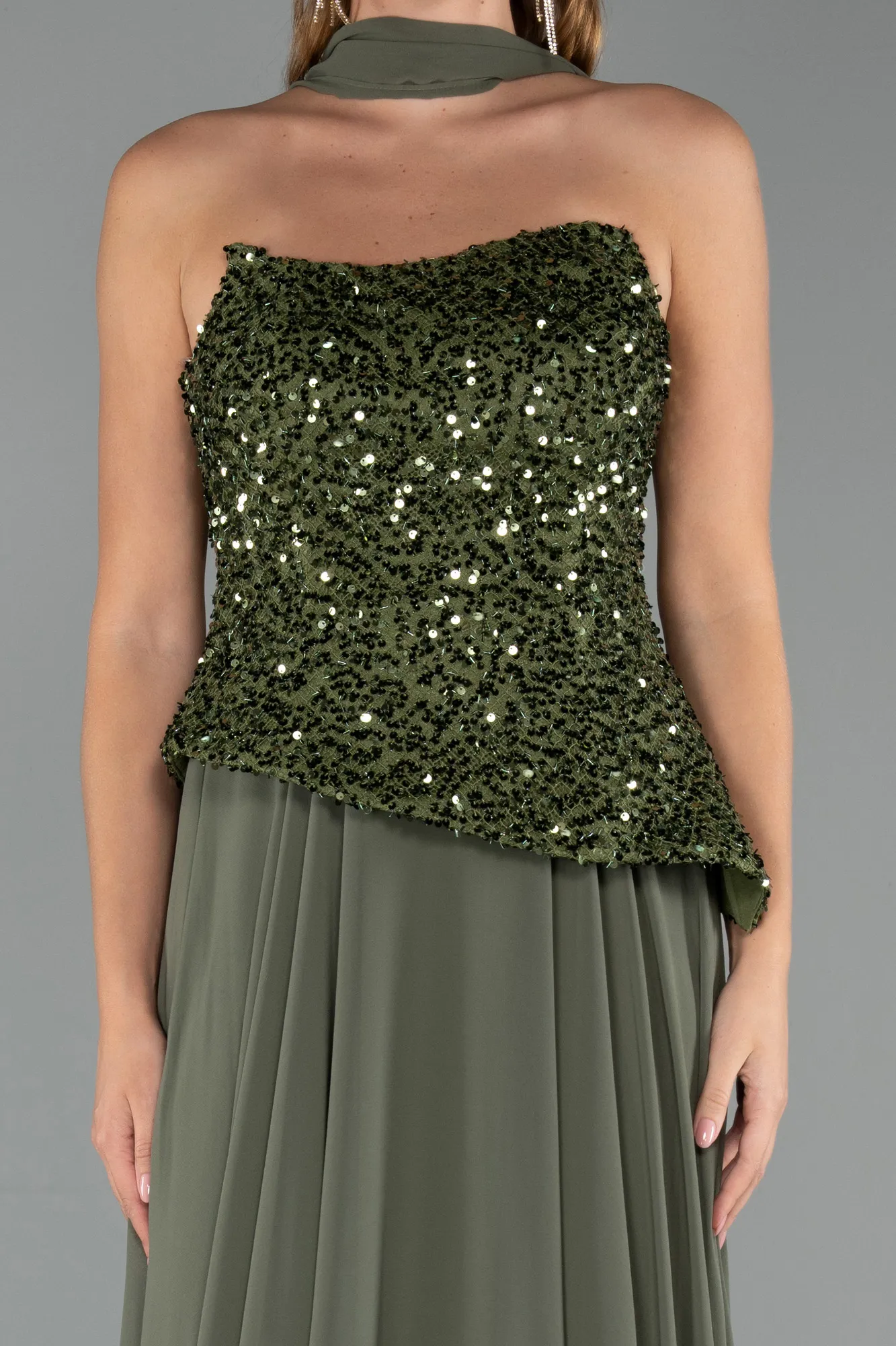 Olive Drab-Long Chiffon Evening Dress ABU5486