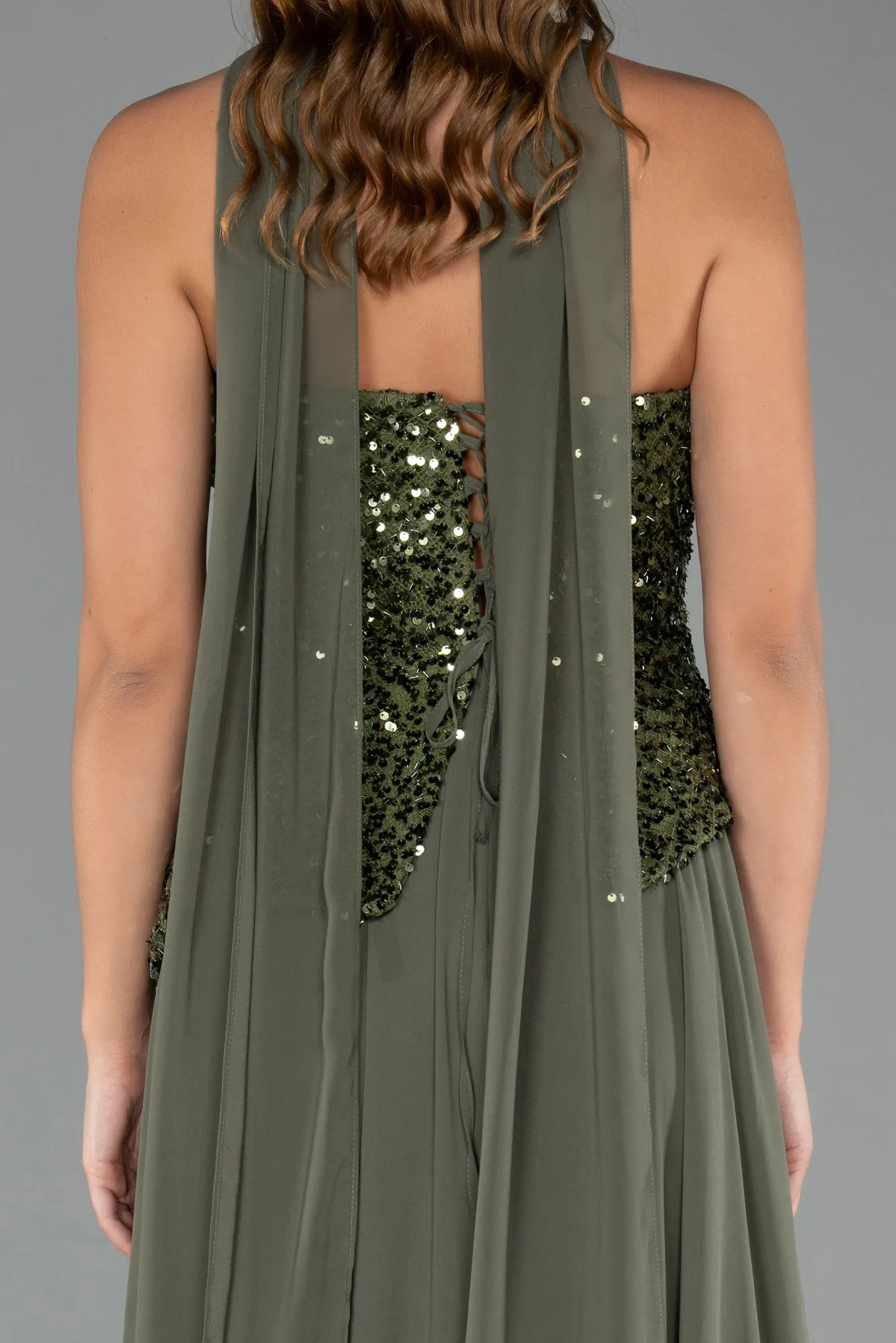 Olive Drab-Long Chiffon Evening Dress ABU5486