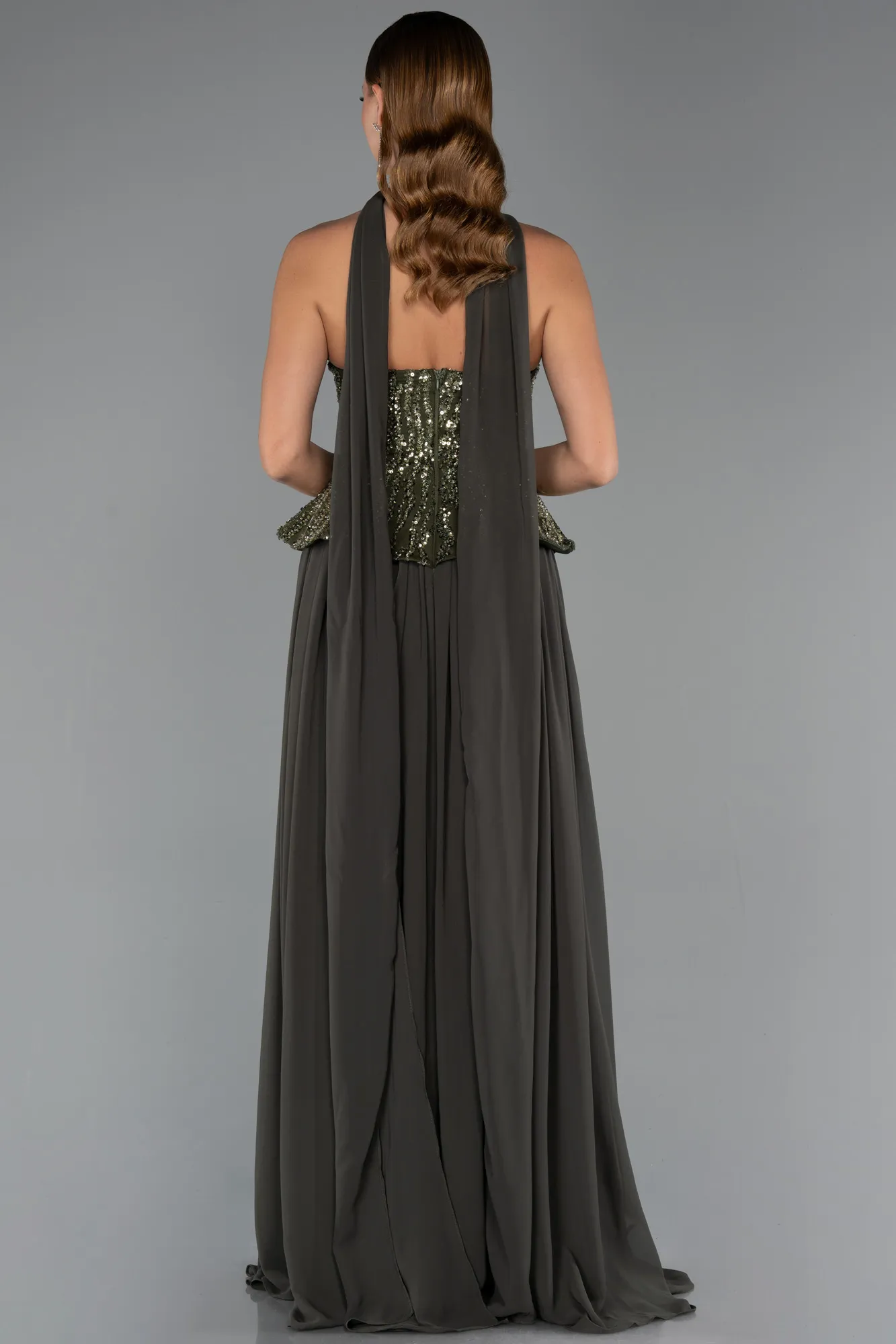 Olive Drab-Long Chiffon Evening Dress ABU5488