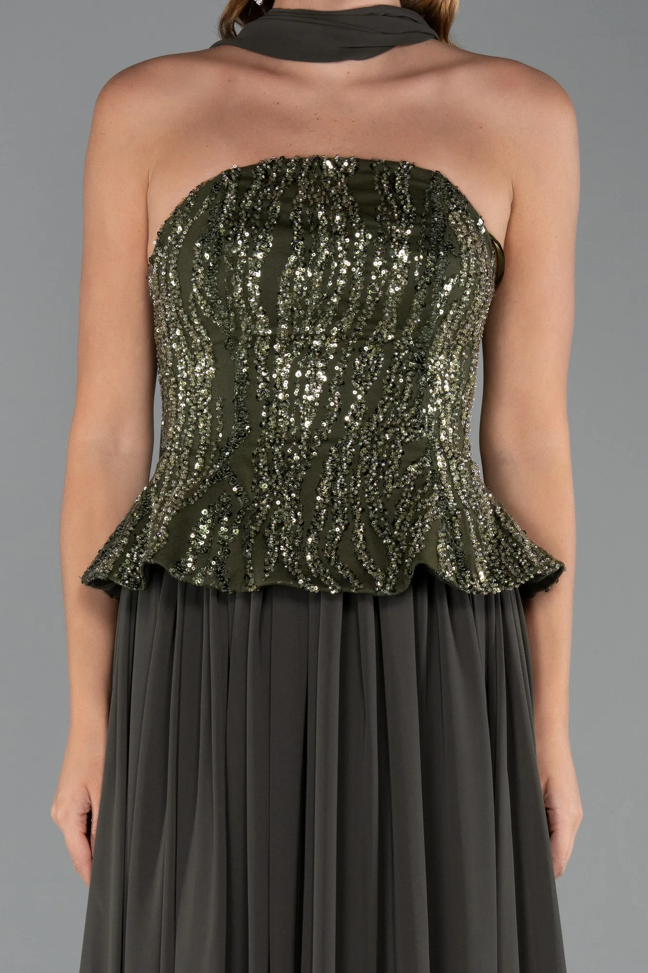 Olive Drab-Long Chiffon Evening Dress ABU5488