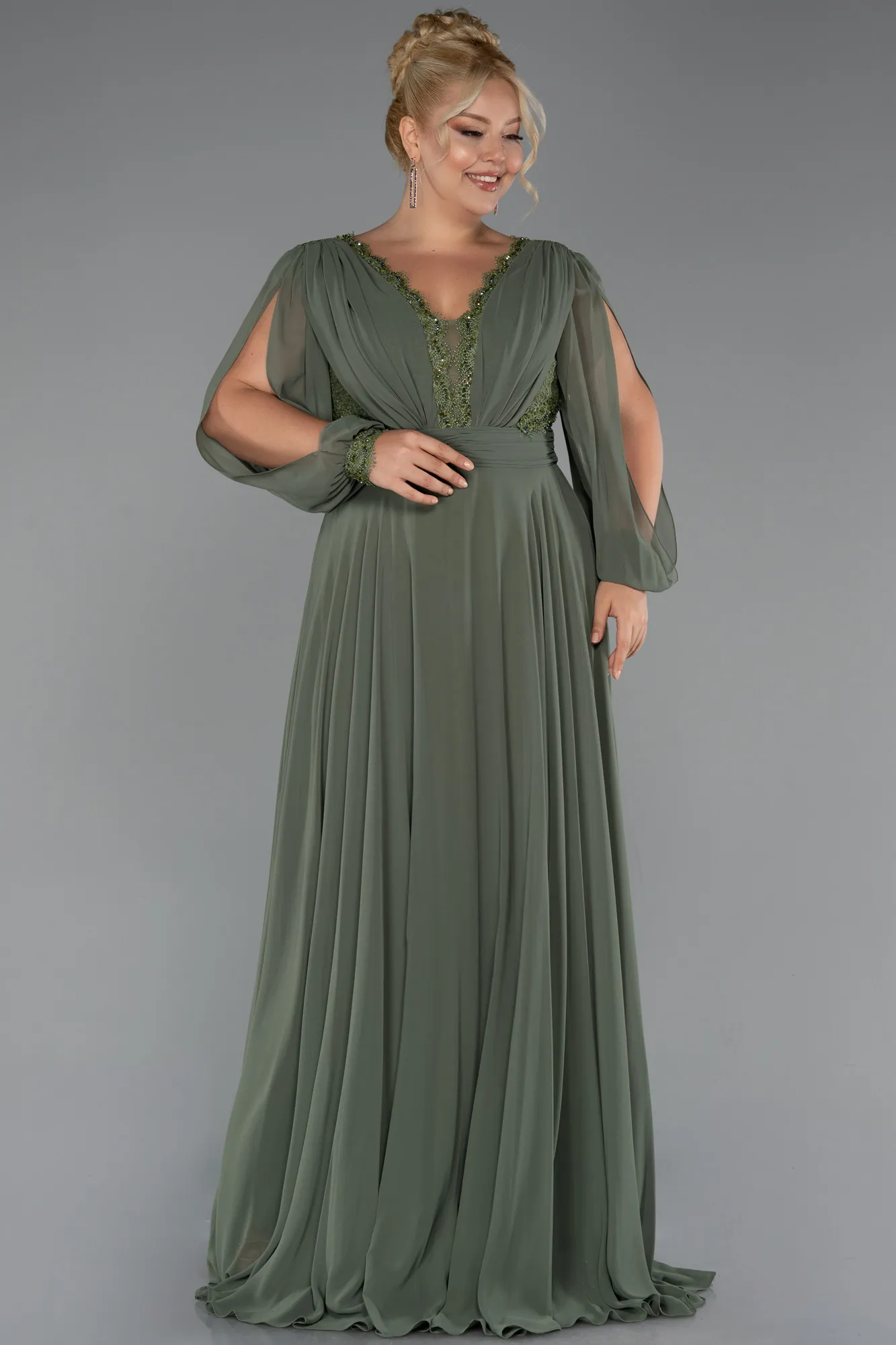 Olive Drab-Long Chiffon Formal Plus Size Dress ABU5276