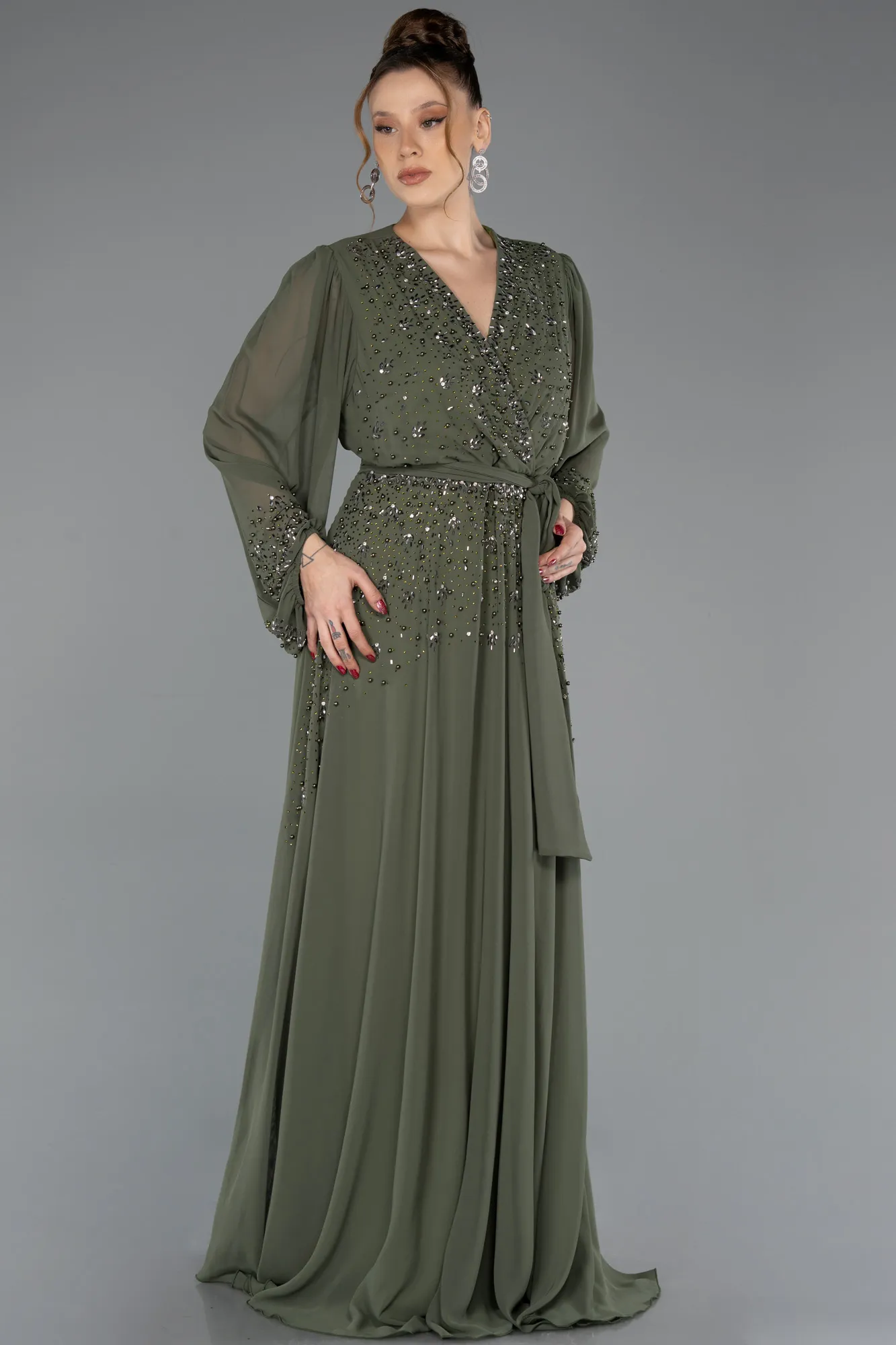 Olive Drab-Long Chiffon Plus Size Evening Dress ABU3075