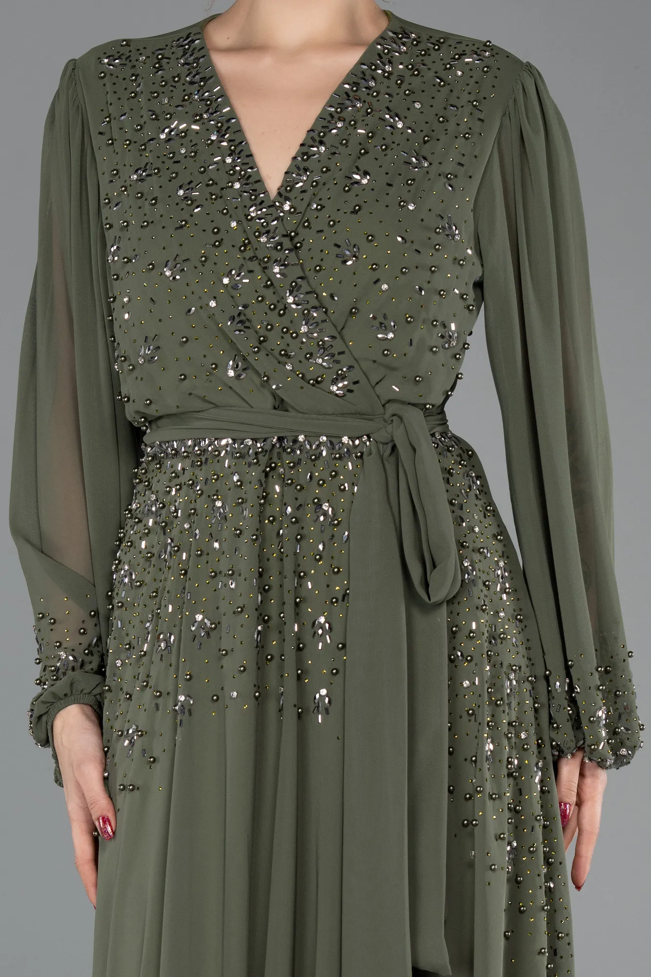 Olive Drab-Long Chiffon Plus Size Evening Dress ABU3075