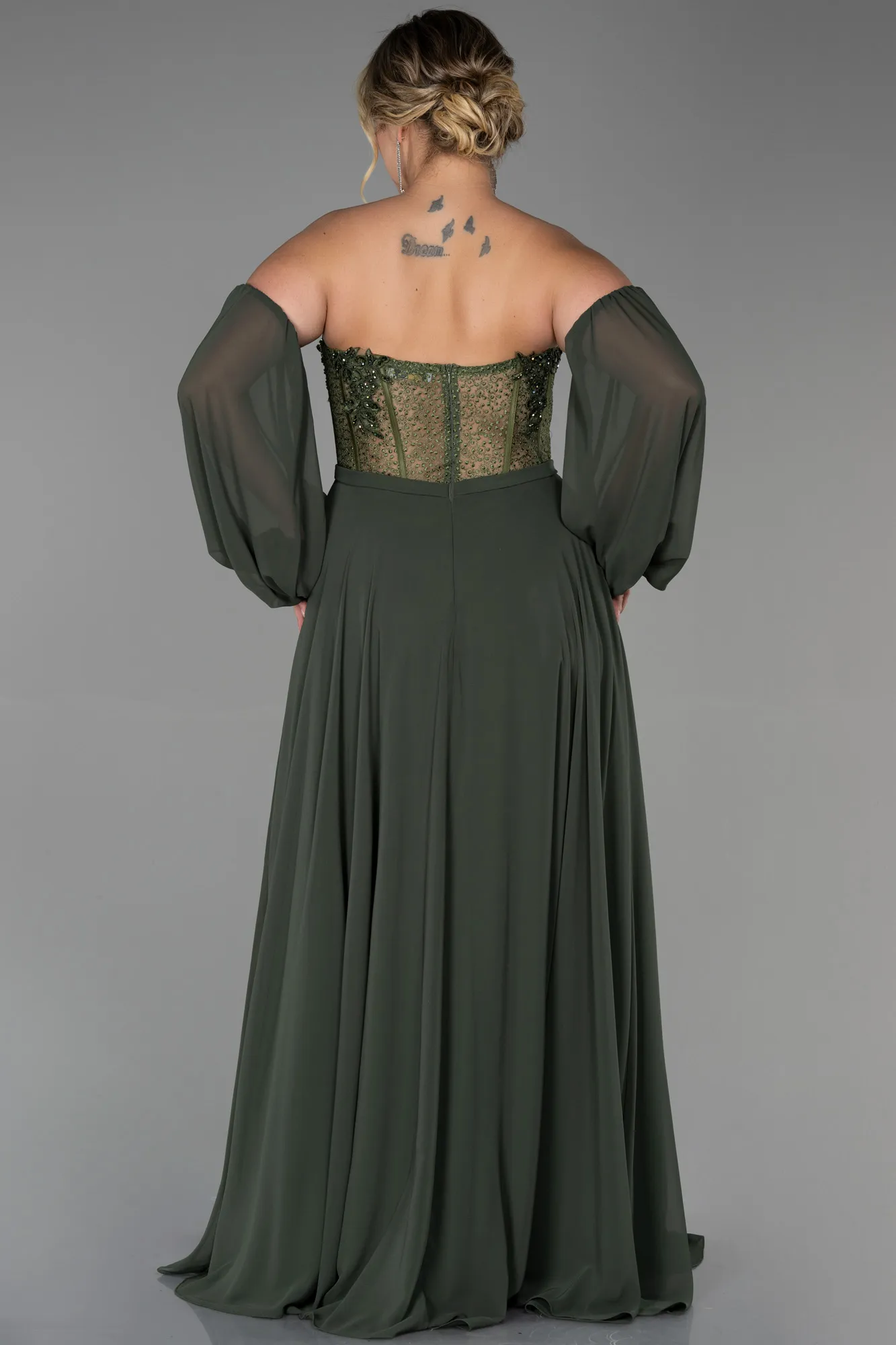 Olive Drab-Long Chiffon Plus Size Evening Dress ABU3451