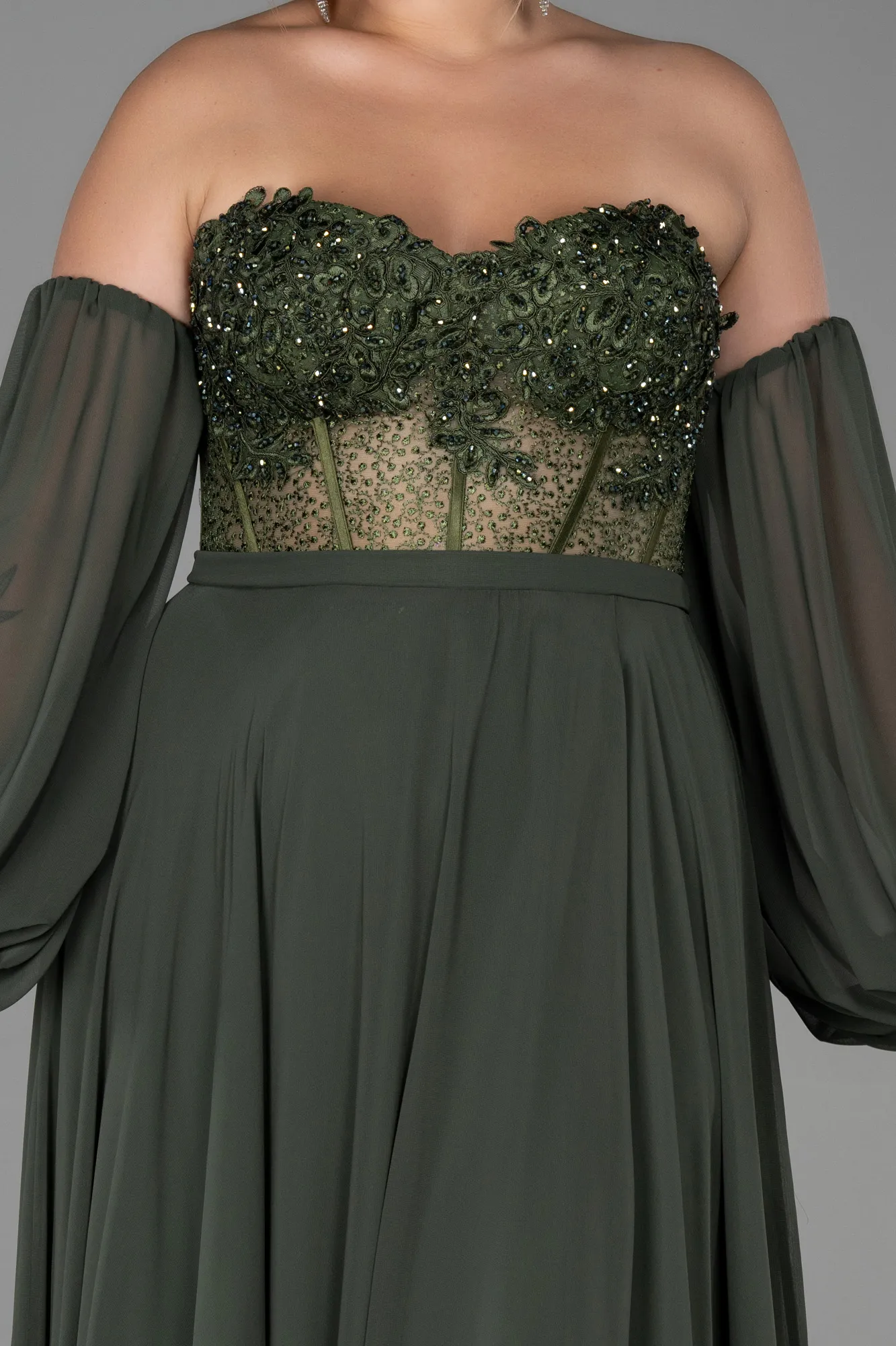 Olive Drab-Long Chiffon Plus Size Evening Dress ABU3451