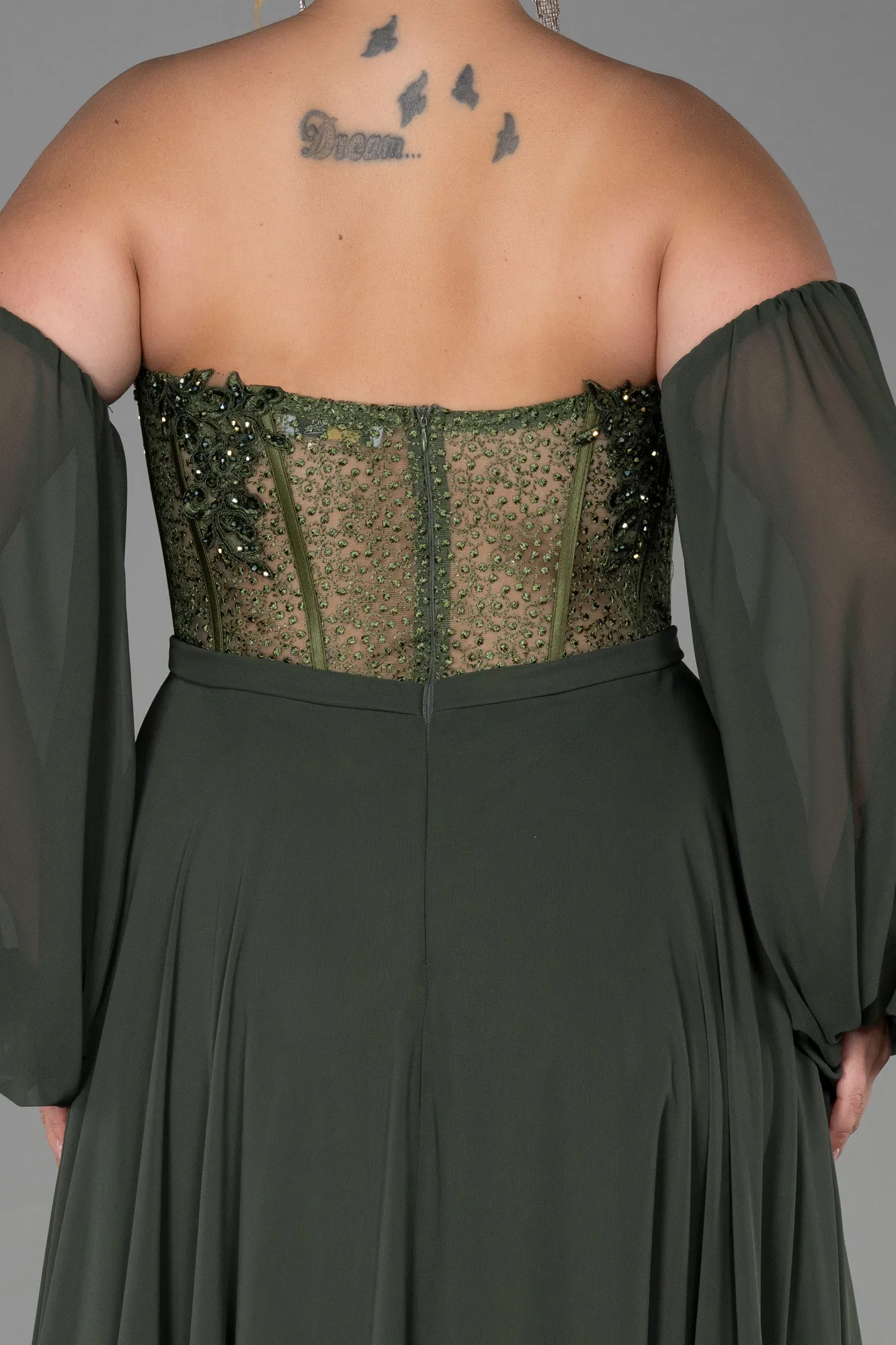 Olive Drab-Long Chiffon Plus Size Evening Dress ABU3451