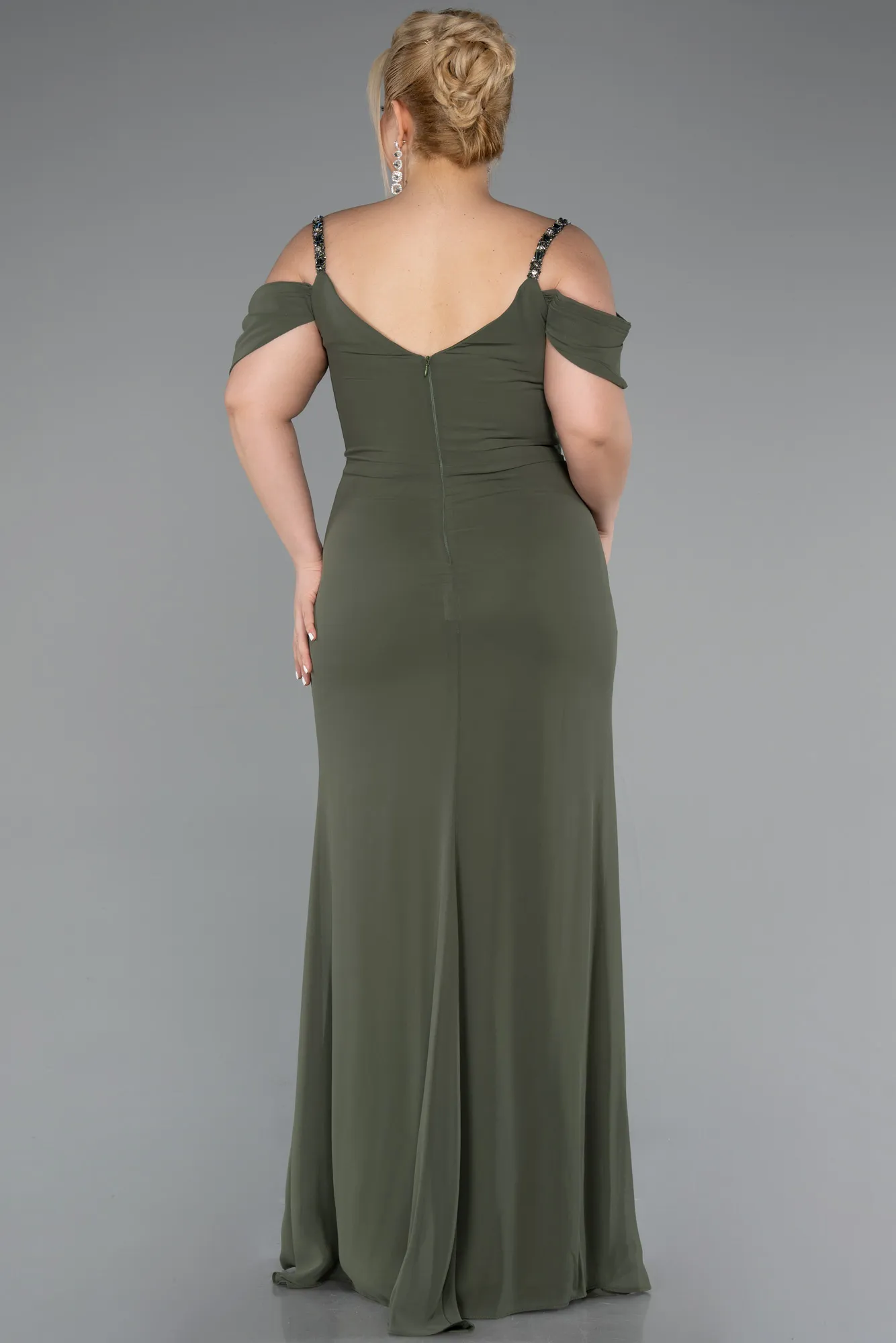 Olive Drab-Long Chiffon Plus Size Evening Gown ABU3742