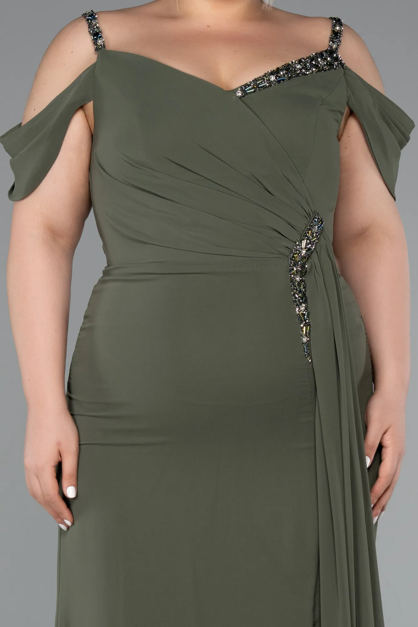 Olive Drab-Long Chiffon Plus Size Evening Gown ABU3742