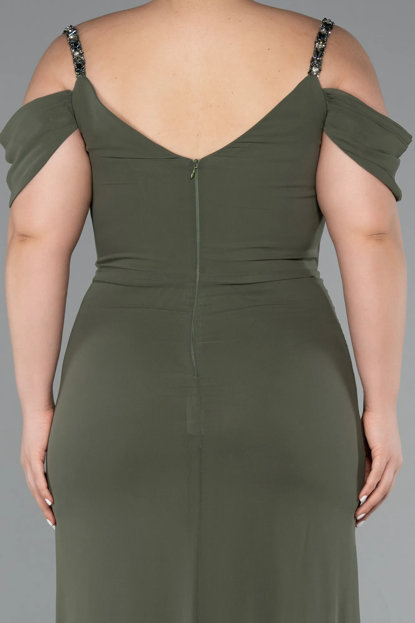 Olive Drab-Long Chiffon Plus Size Evening Gown ABU3742