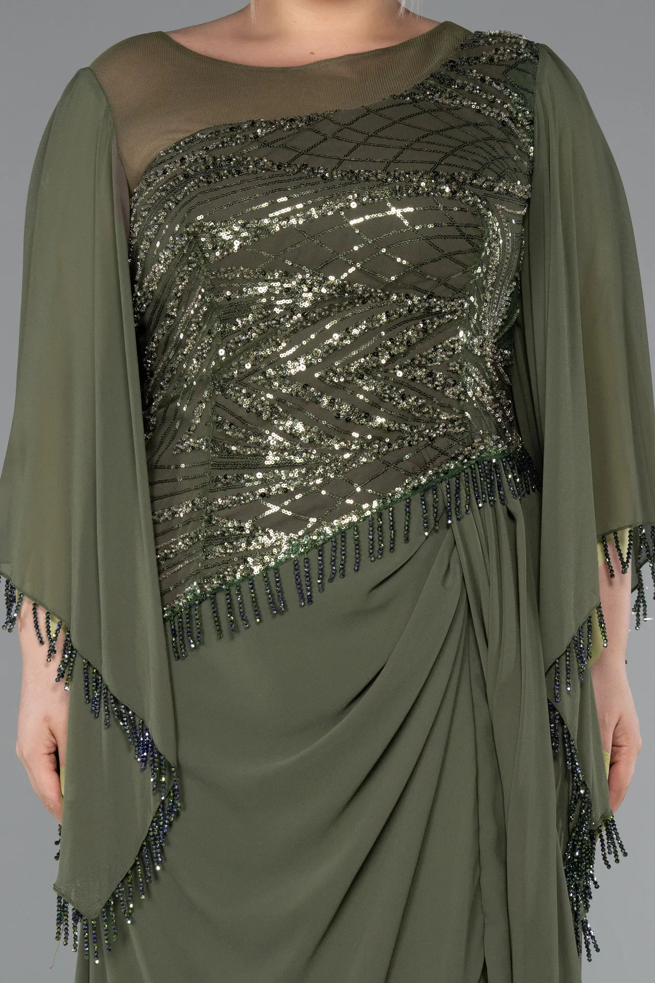 Olive Drab-Long Chiffon Plus Size Evening Gown ABU5093