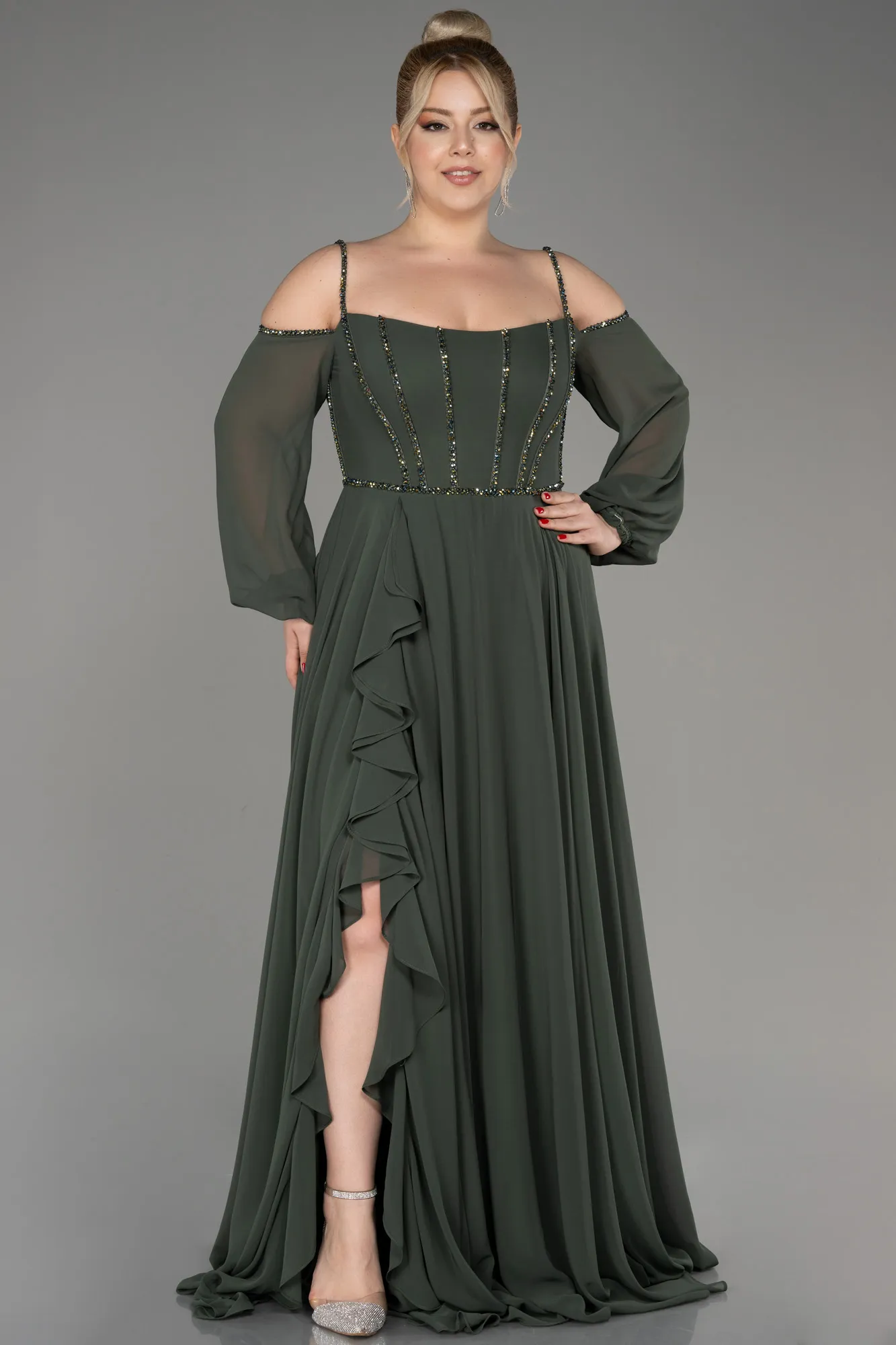 Olive Drab-Long Chiffon Slit Evening Dress ABU3915