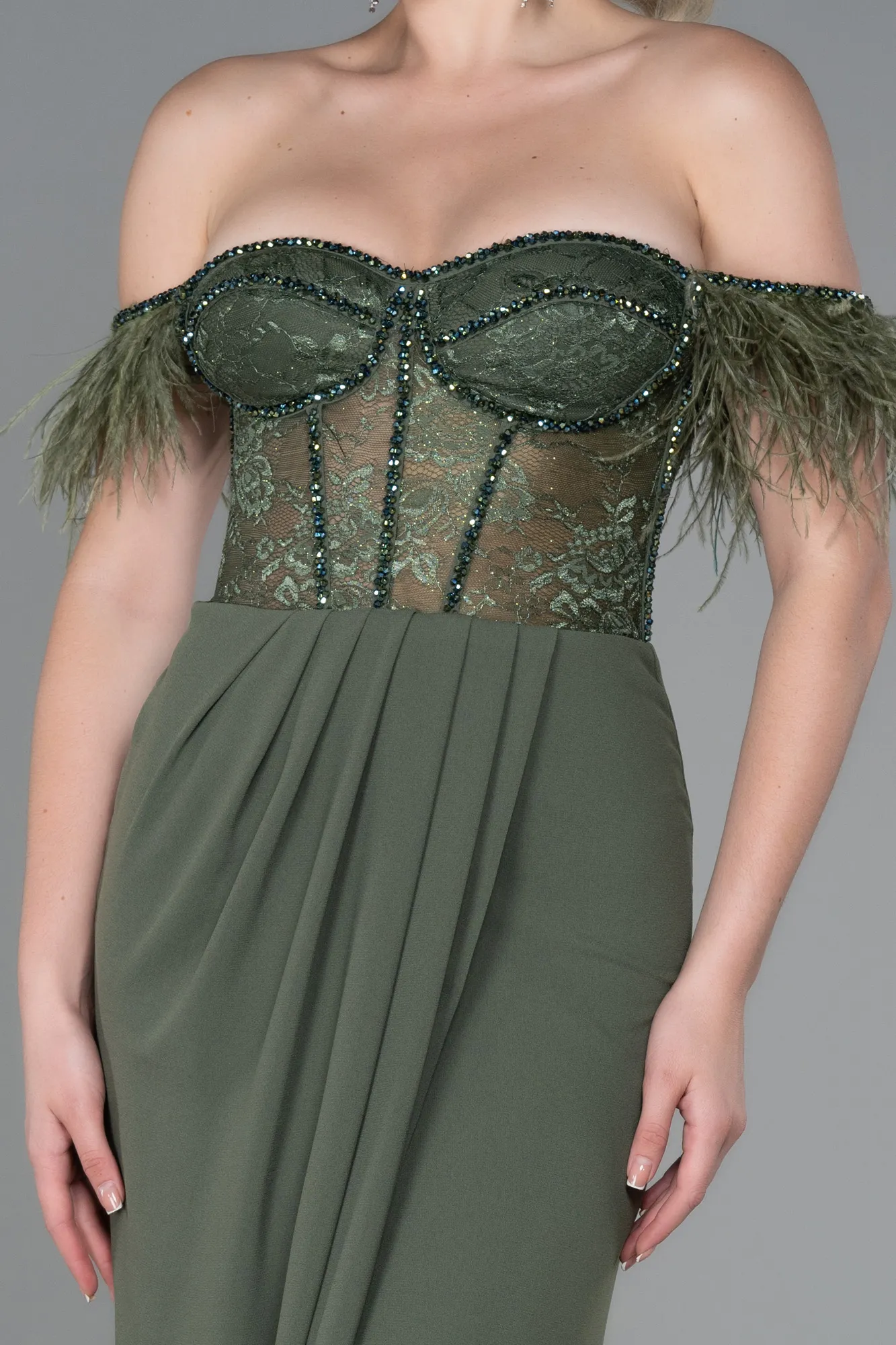 Olive Drab-Long Dantelle Evening Dress ABU3263