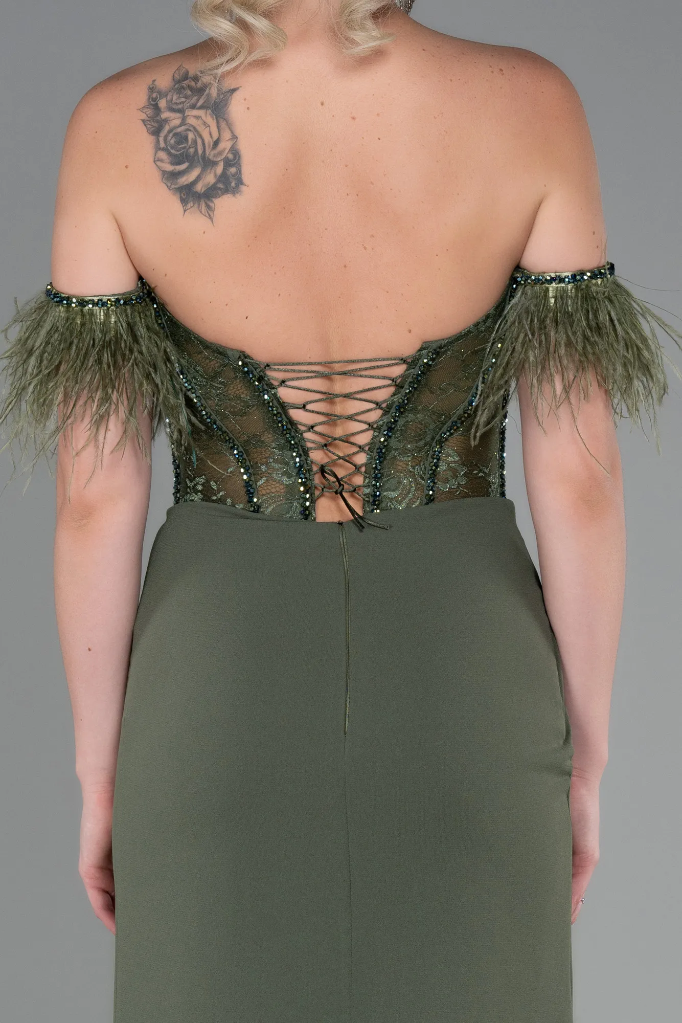 Olive Drab-Long Dantelle Evening Dress ABU3263