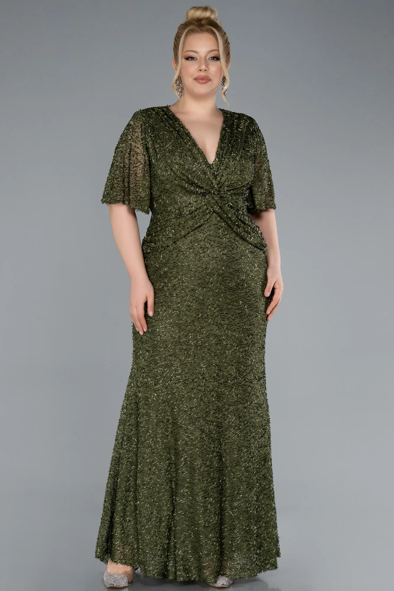 Olive Drab-Long Plus Size Evening Gown ABU4542