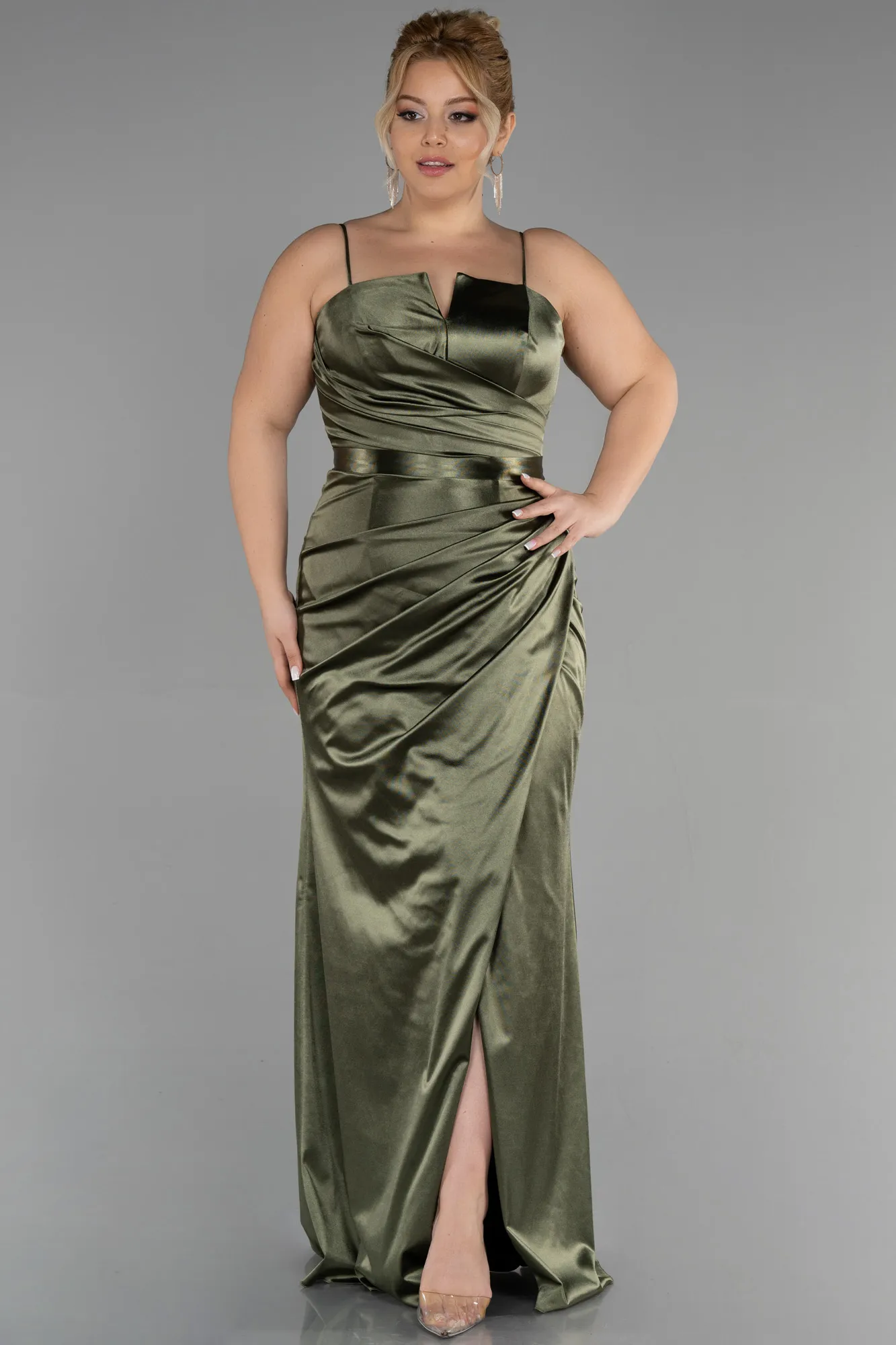 Olive Drab-Long Plus Size Graduation Dress ABU3481