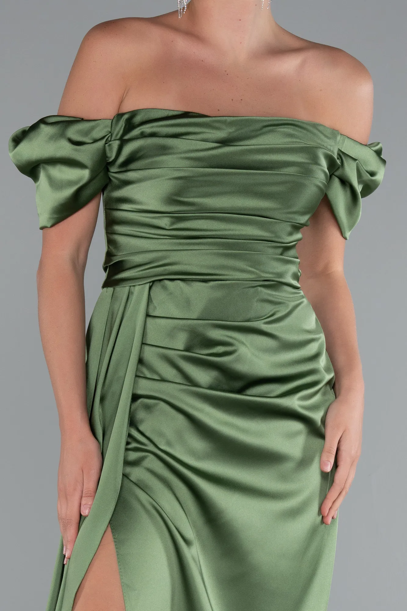 Olive Drab-Long Satin Engagement Dress ABU1606